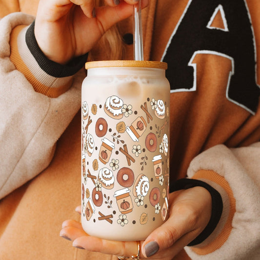 Cinnamon Buns + Pumpkin Spice 16oz Glass Can Cup With Lid and Straw