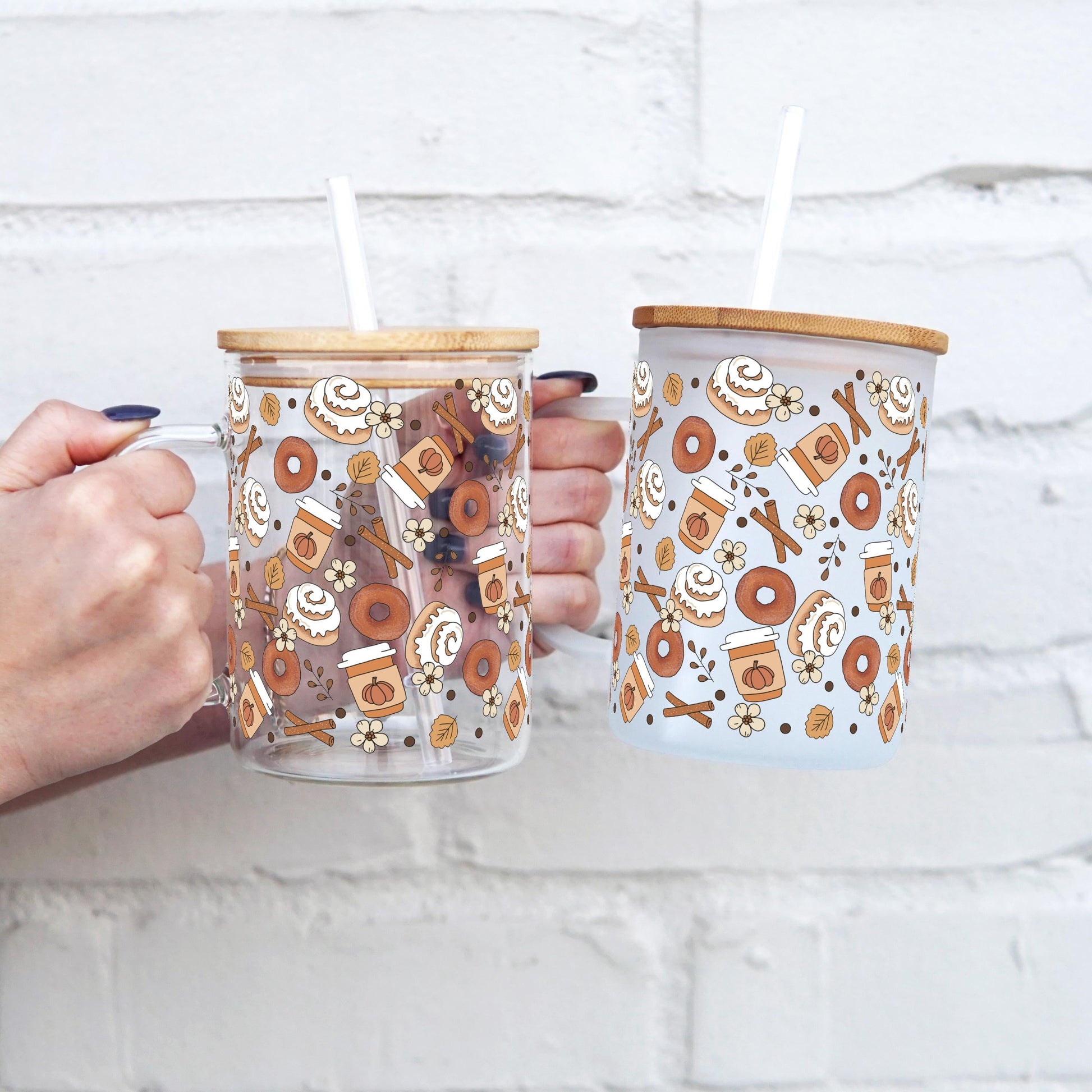 Cinnamon Buns + Pumpkin Spice 17oz Glass Mug With Lid and Straw - Sip Sip Hooray