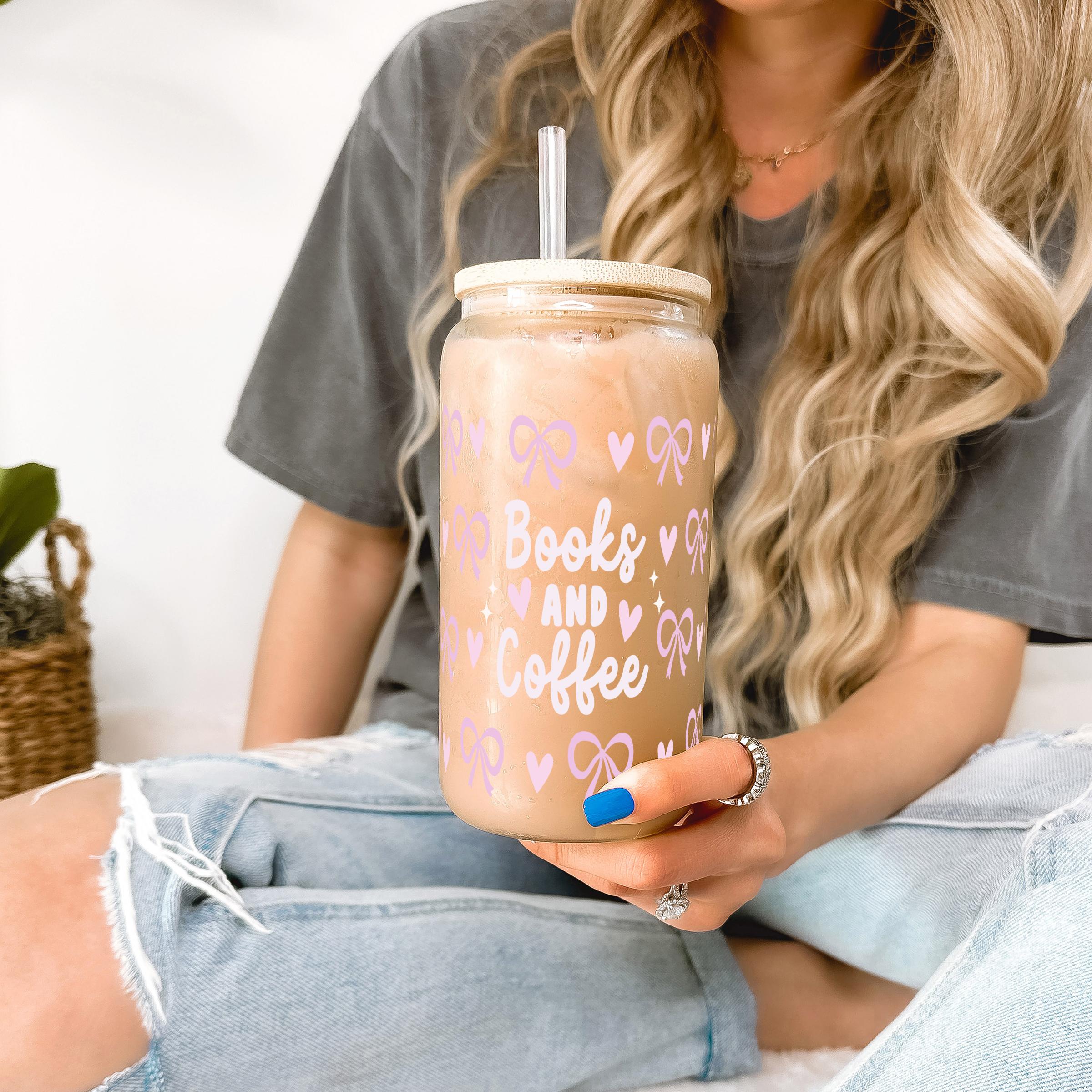 Coquette Books + Coffee Glass Can Cup With Lid and Straw