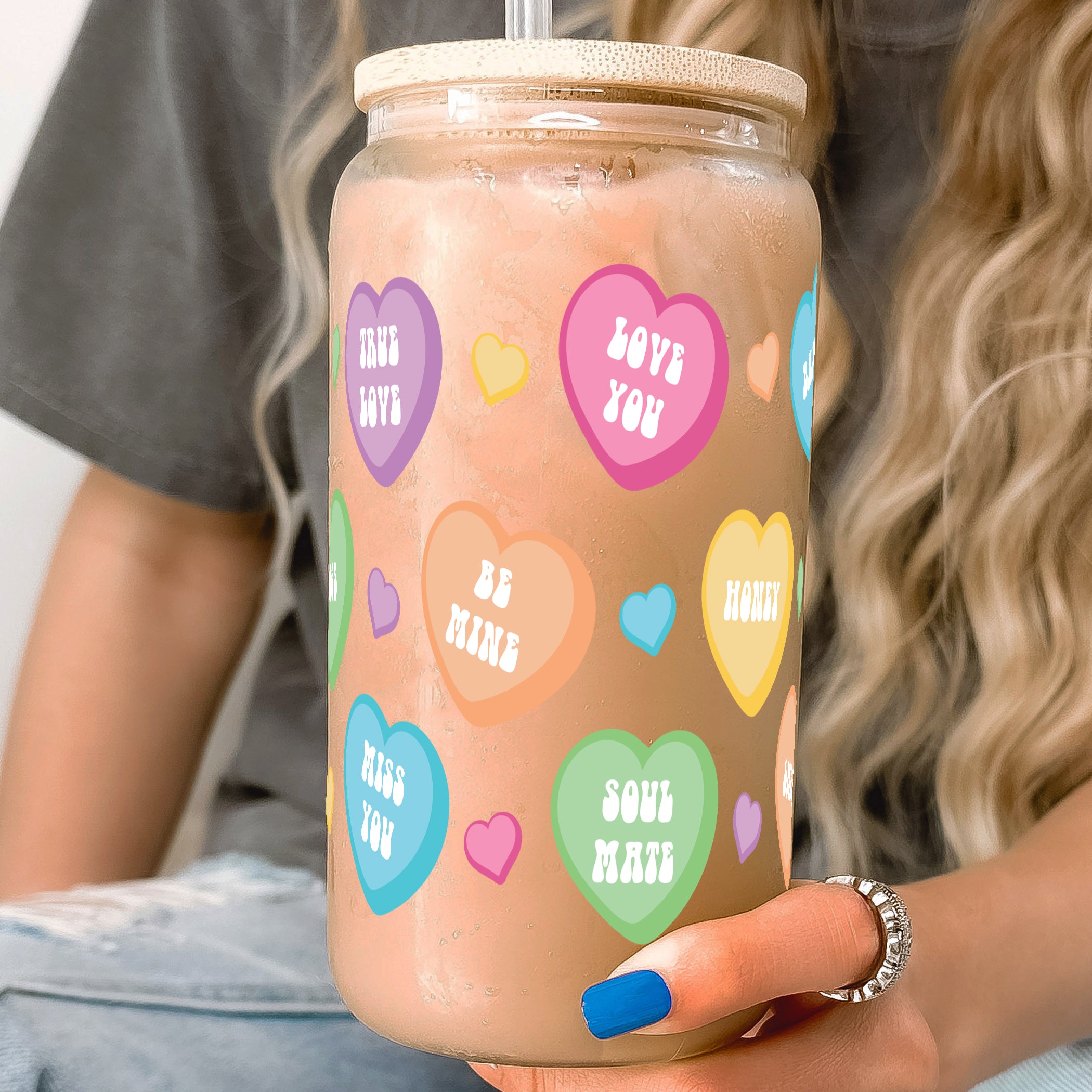 Candy Hearts Glass Can Cup with Lid and Straw