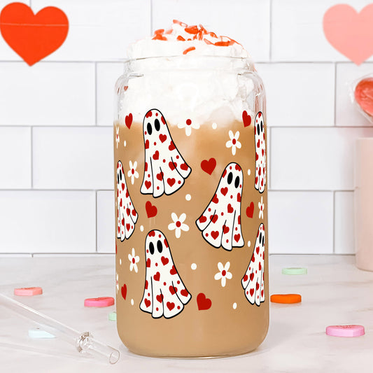 Valentine's Spooky Heart Ghost Glass Can Cup with Lid and Straw