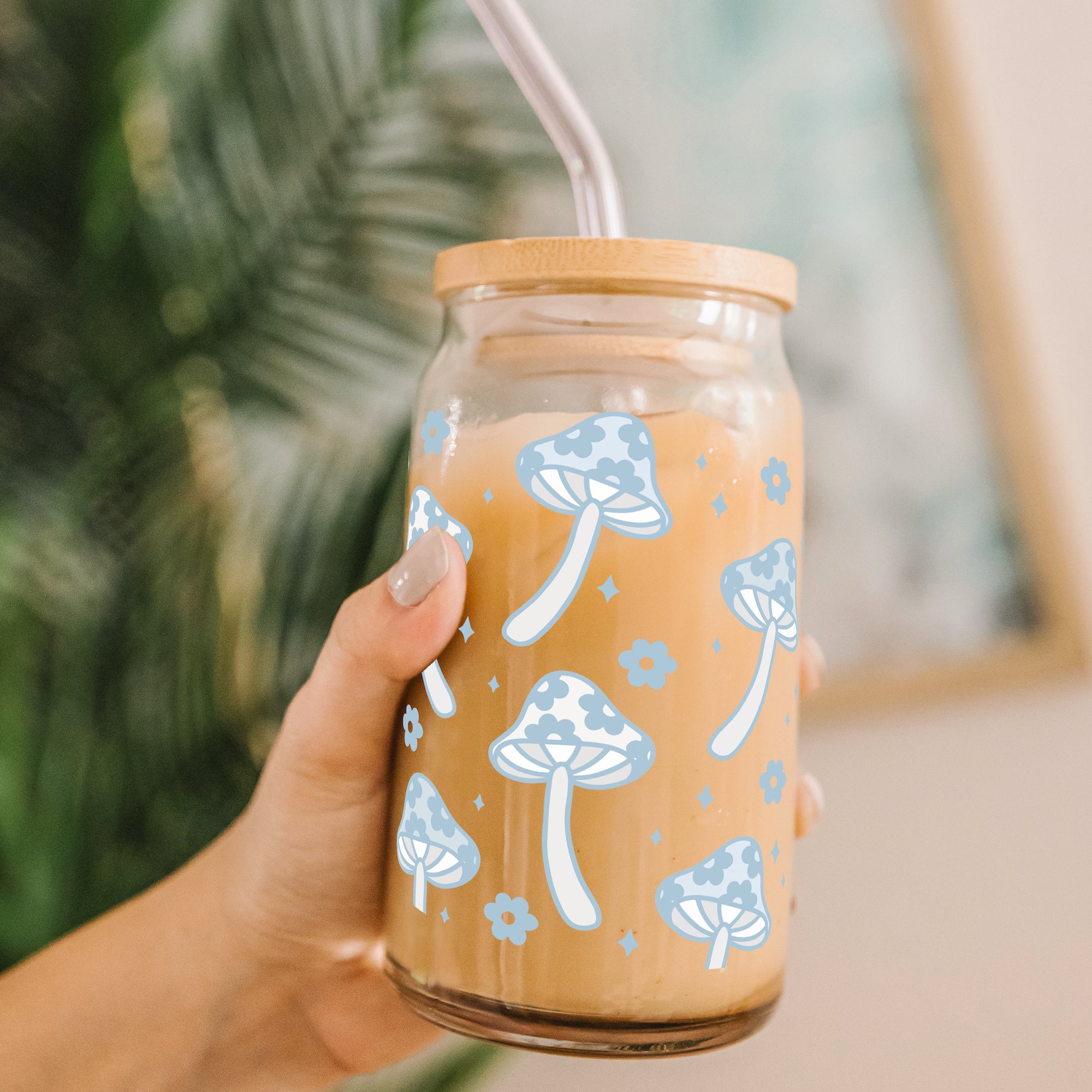 Retro Floral Boho Mushroom Glass Can Cup with Lid and Straw