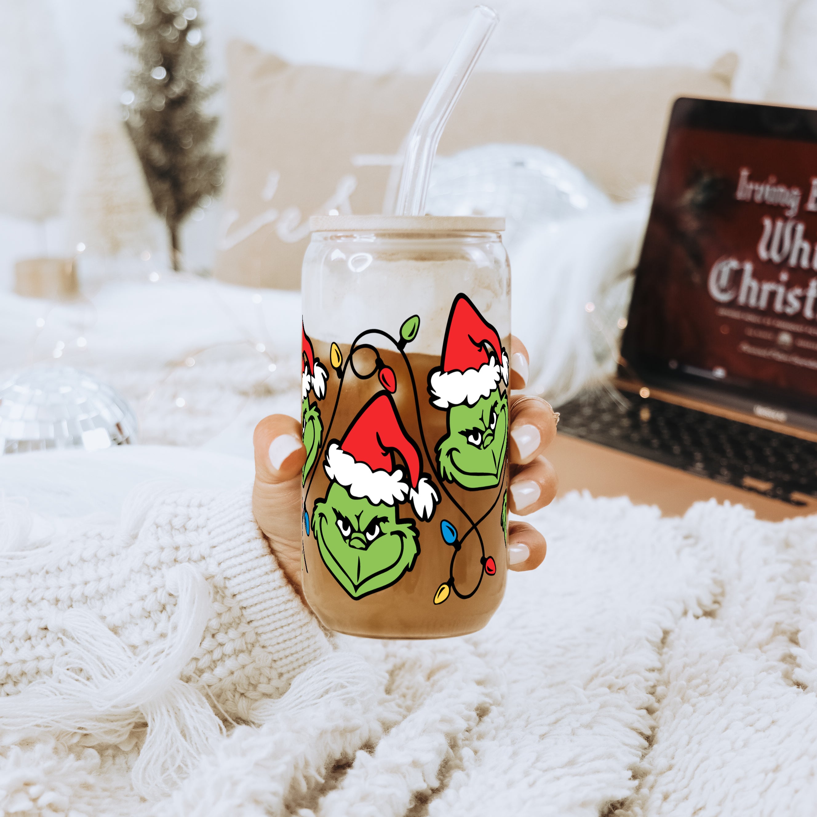 Grinch Inspired Christmas Lights Glass Can Cup with Lid and Straw