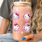 16oz Pink Floral Kitty Glass Can Cup with Lid and Straw