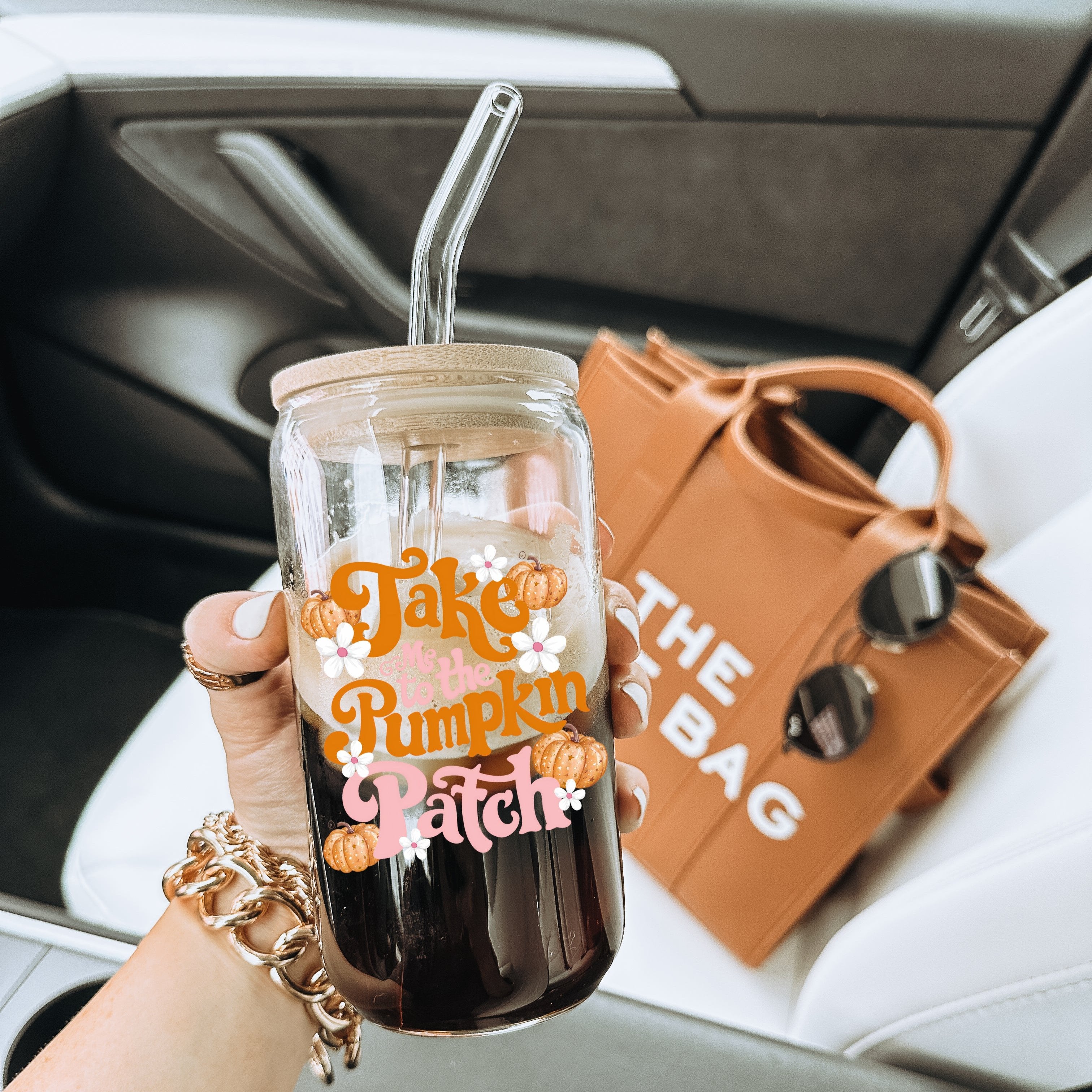 Take Me To The Pumpkin Patch  Glass Can Cup With Lid and Straw