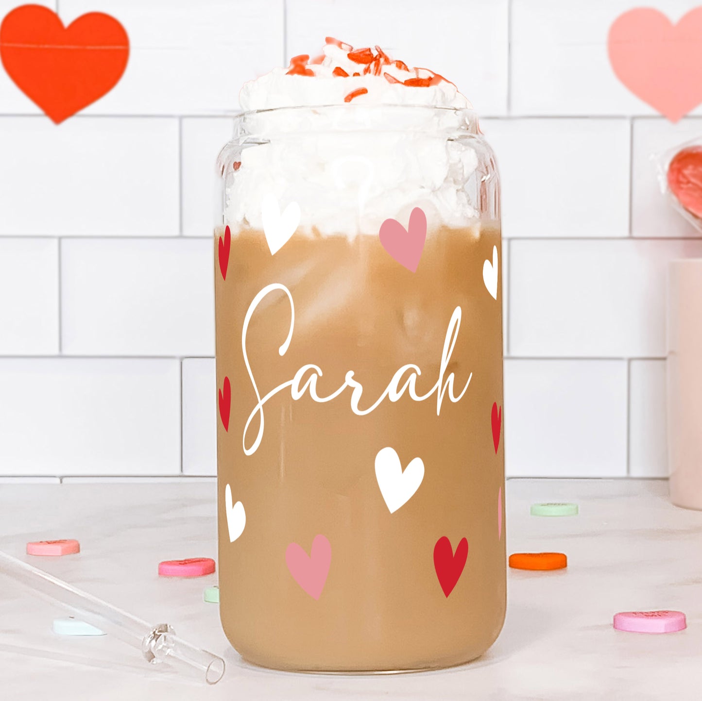 Personalized Hearts 16oz Glass Can Cup with Lid and Straw