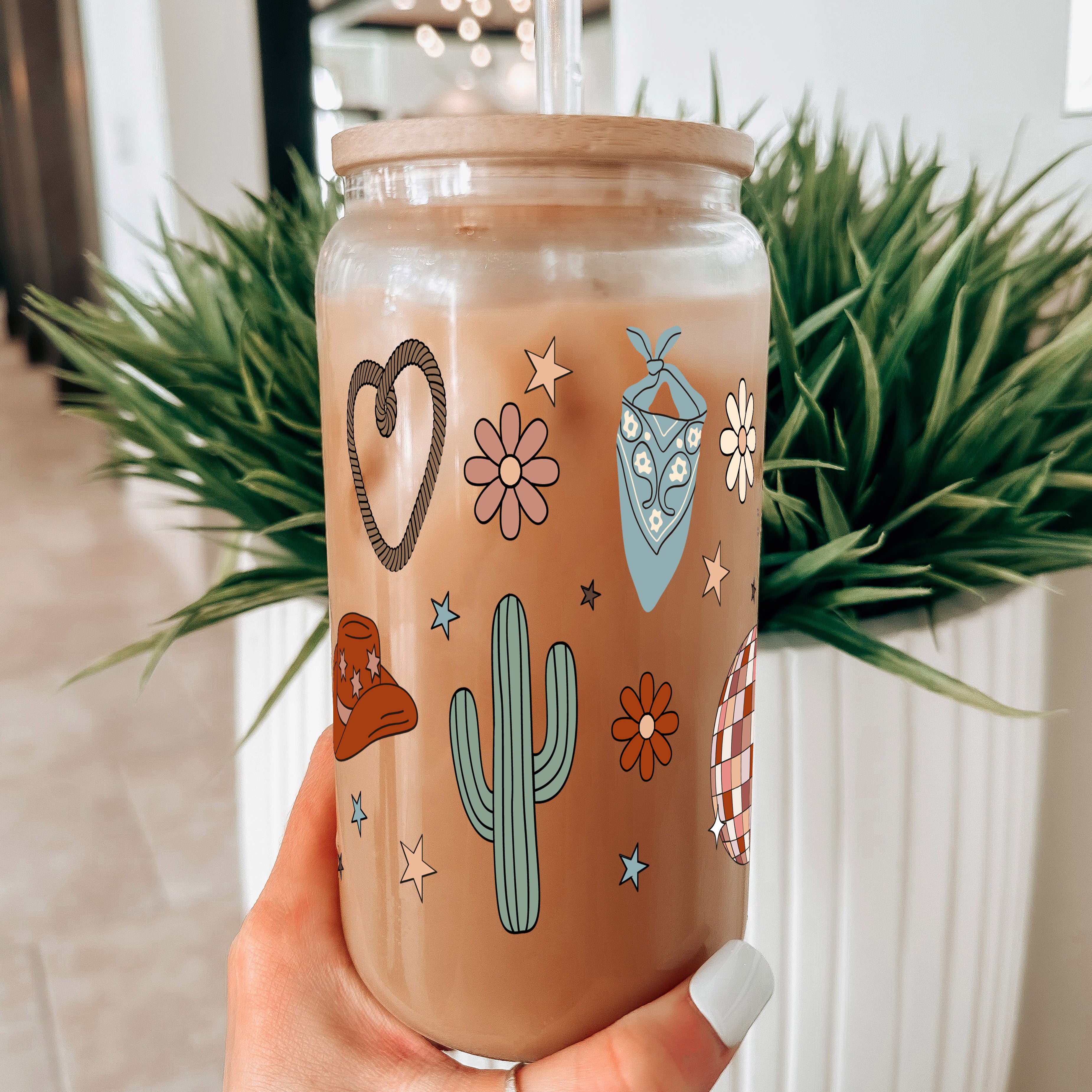 Cute Western Disco Daisy Glass Can Cup with Lid and Straw