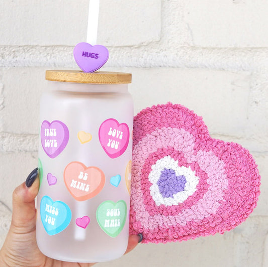 16oz Candy Hearts Glass Can Cup with Lid and Straw Bundle