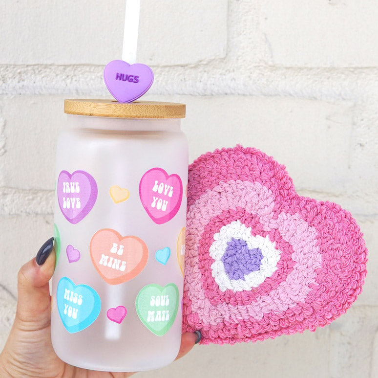 Candy Hearts Glass Can Cup with Lid and Straw