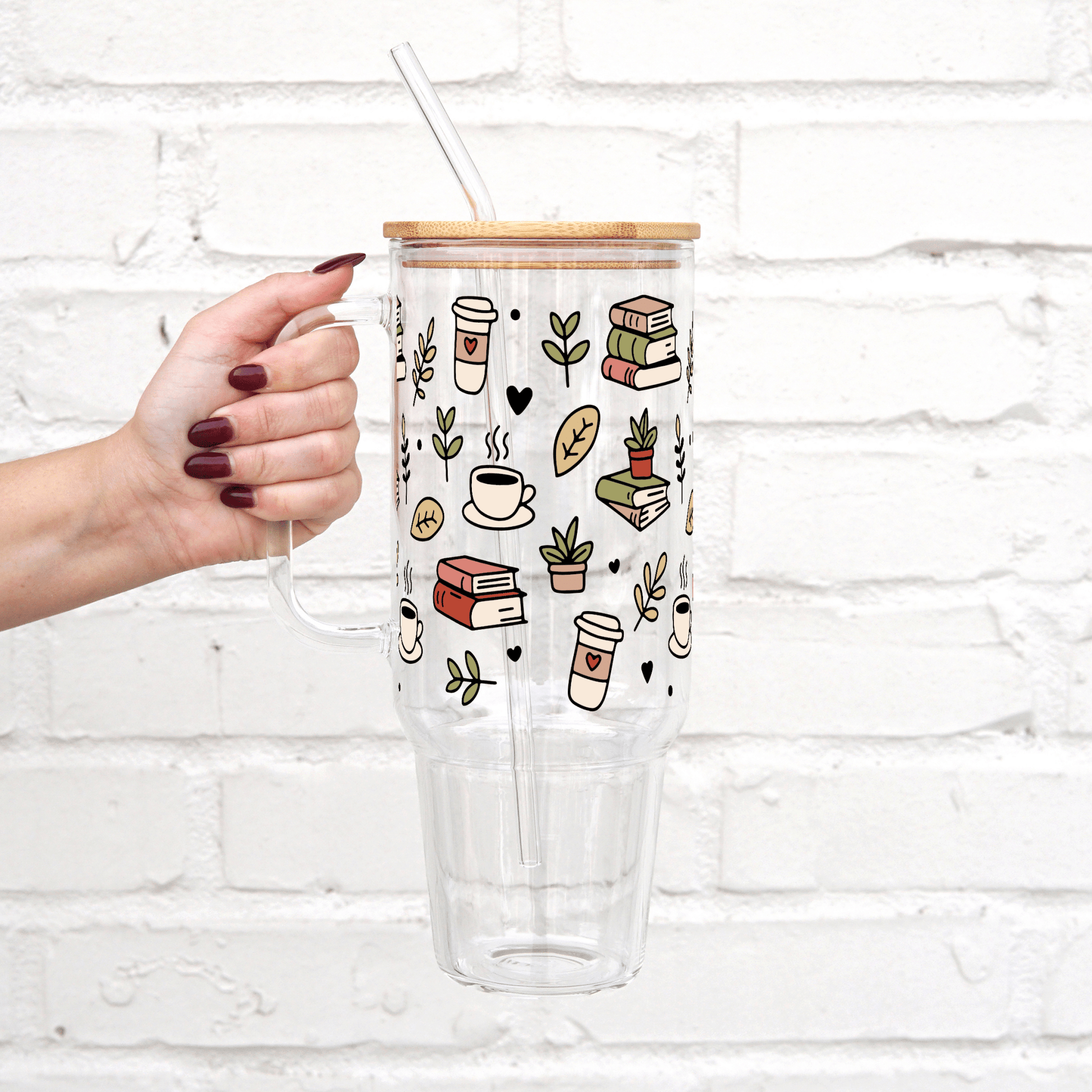 Coffee and Books 40oz Glass or Plastic Tumbler With Lid and Straw - Sip Sip Hooray