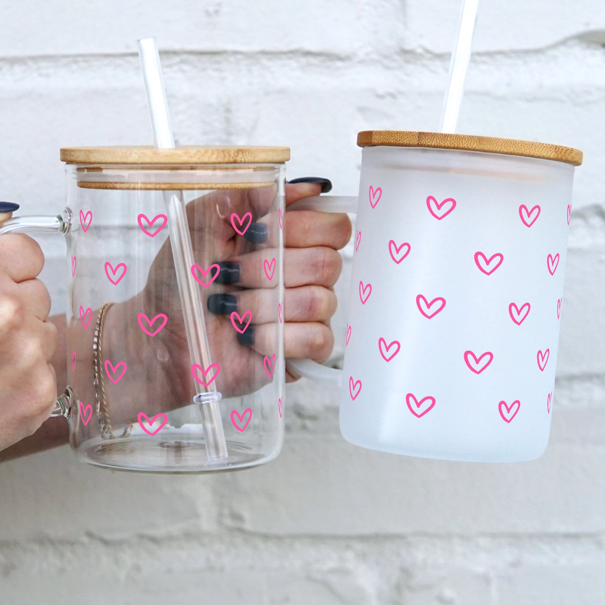 Color Changing Mini Hearts 17oz Glass Mug With Lid and Straw - Sip Sip Hooray