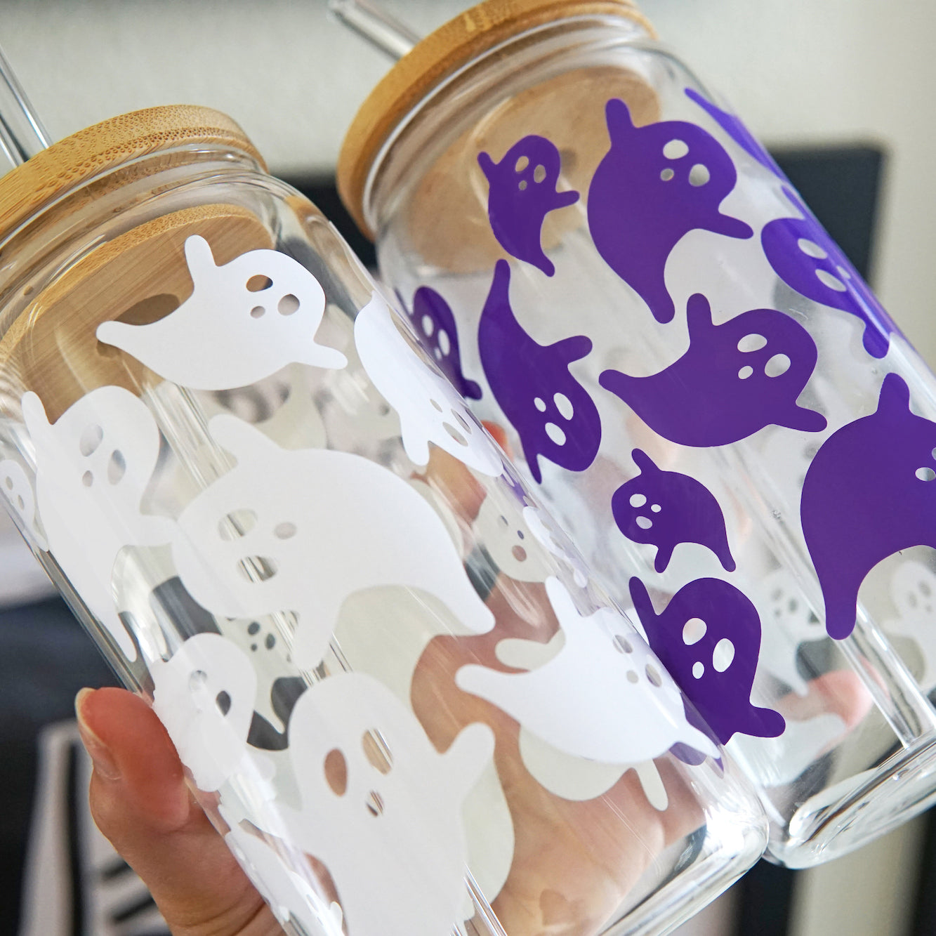 16oz Color Changing Halloween Cute Ghost Glass Can Cup with Lid and Straw