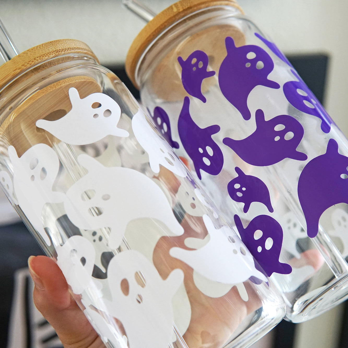 Color Changing Halloween Cute Ghost 16oz Acrylic Plastic Cup with Clear Lid