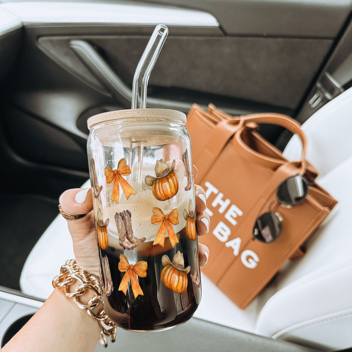 Western Pumpkins 16oz Glass Can Cup With Lid and Straw