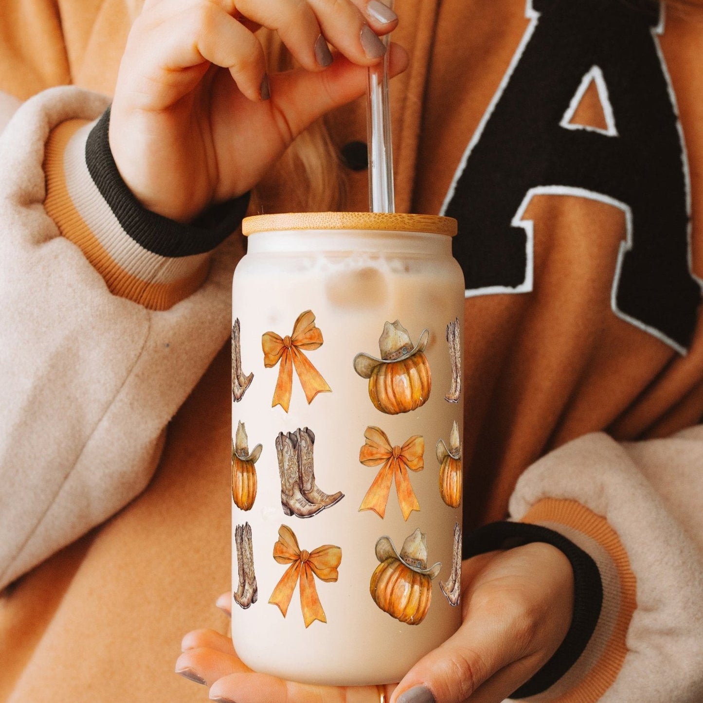 Western Pumpkins 16oz Glass Can Cup With Lid and Straw