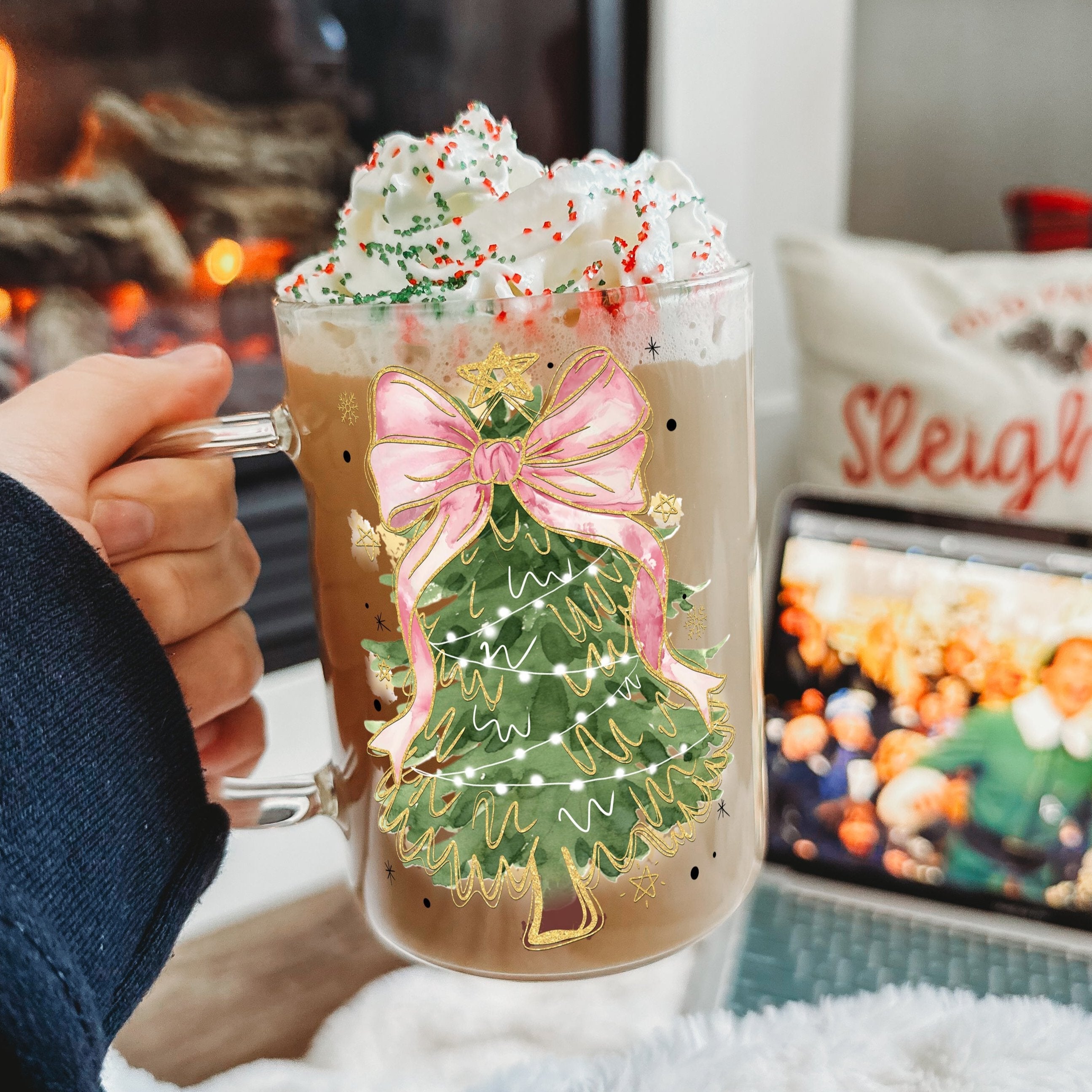 Coquette Bow Tree 17oz Glass Mug With Lid and Straw - Sip Sip Hooray