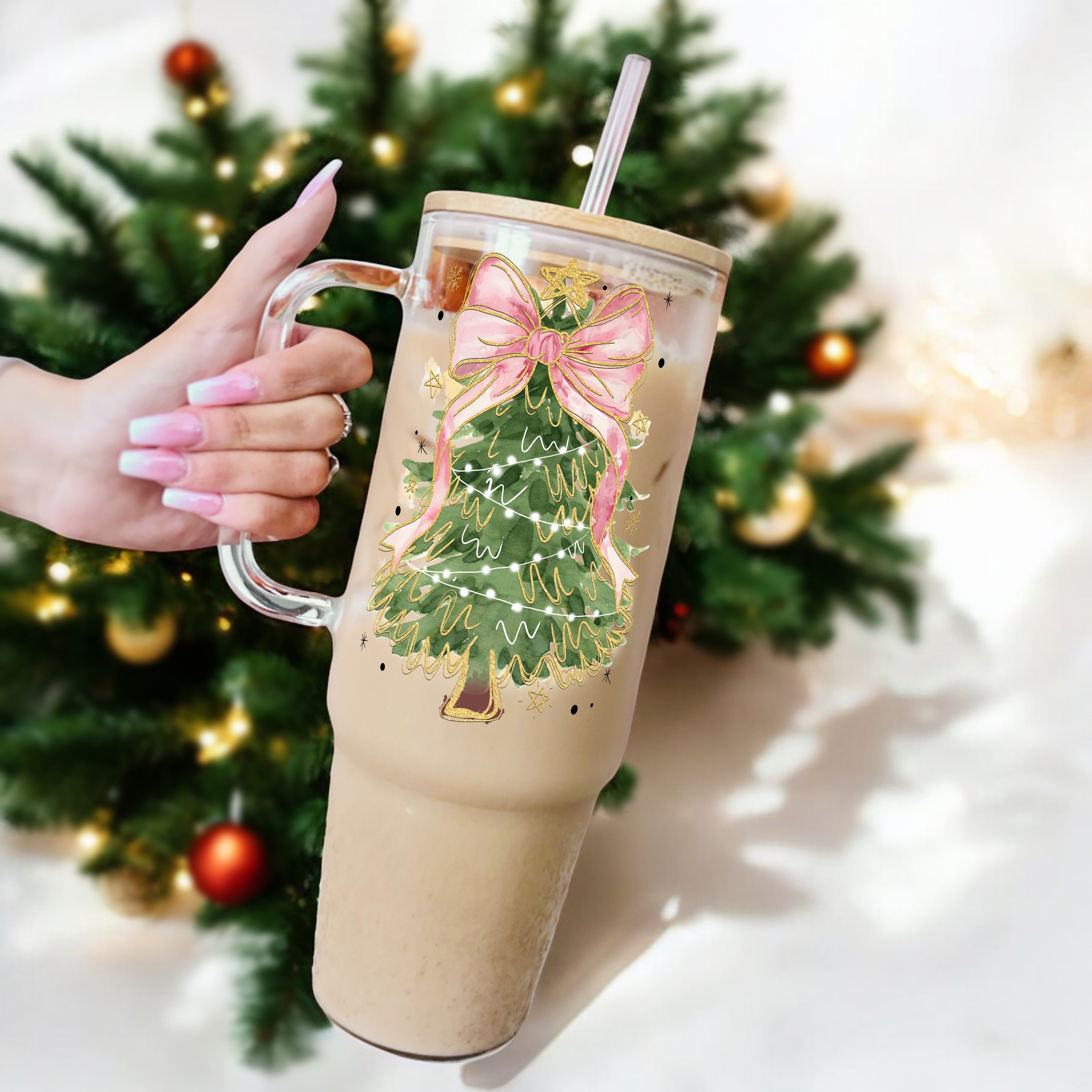 Coquette Bow Tree 40oz Glass or Plastic Tumbler With Lid and Straw - Sip Sip Hooray