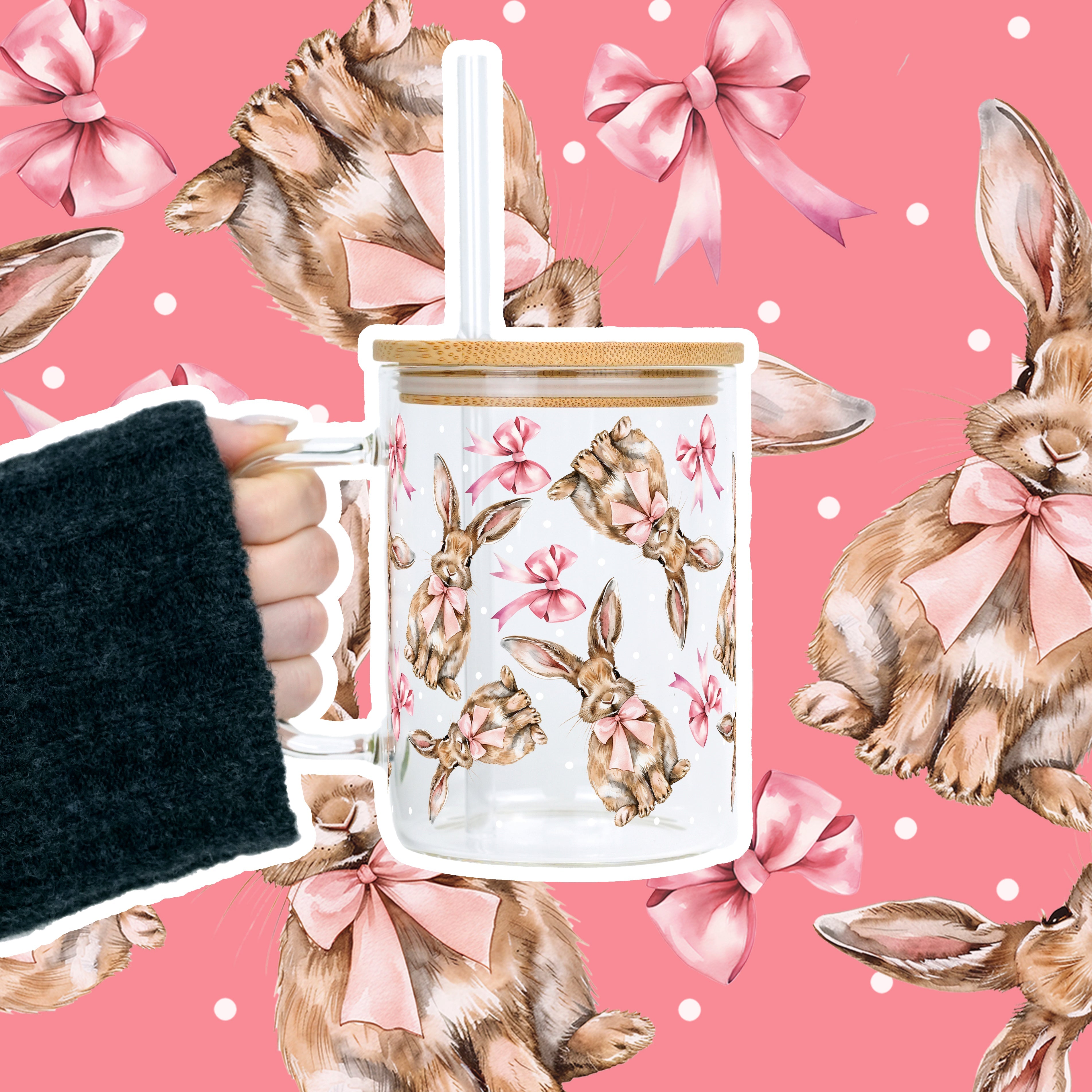 Coquette Easter Bunny 17oz Glass Mug With Lid and Straw - Sip Sip Hooray