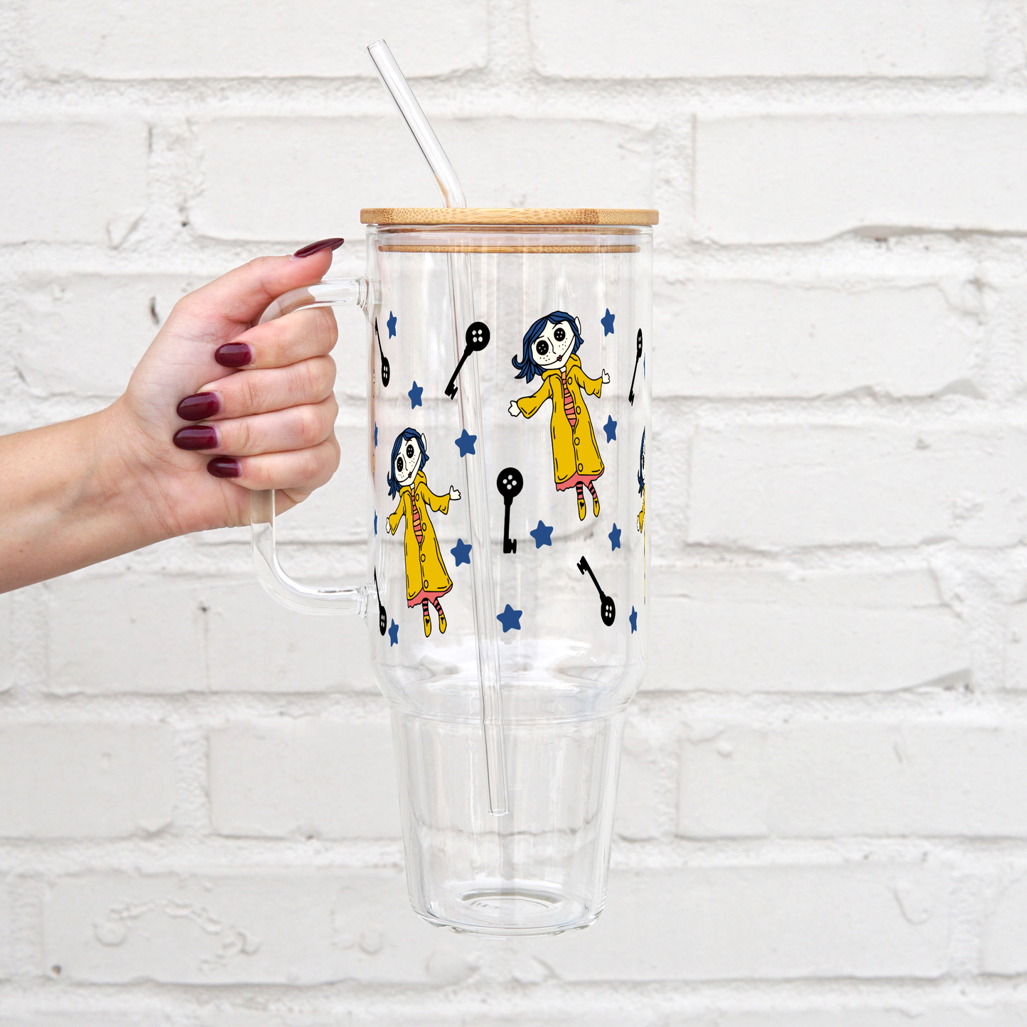 Coraline 40oz Glass Tumbler with lid and straw