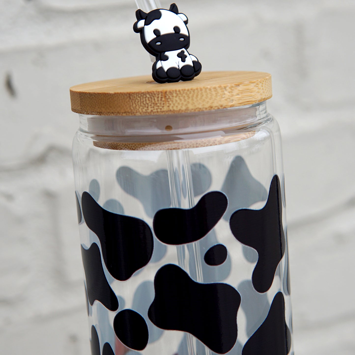 Cow Print 16oz Glass Can Cup with Lid and Straw