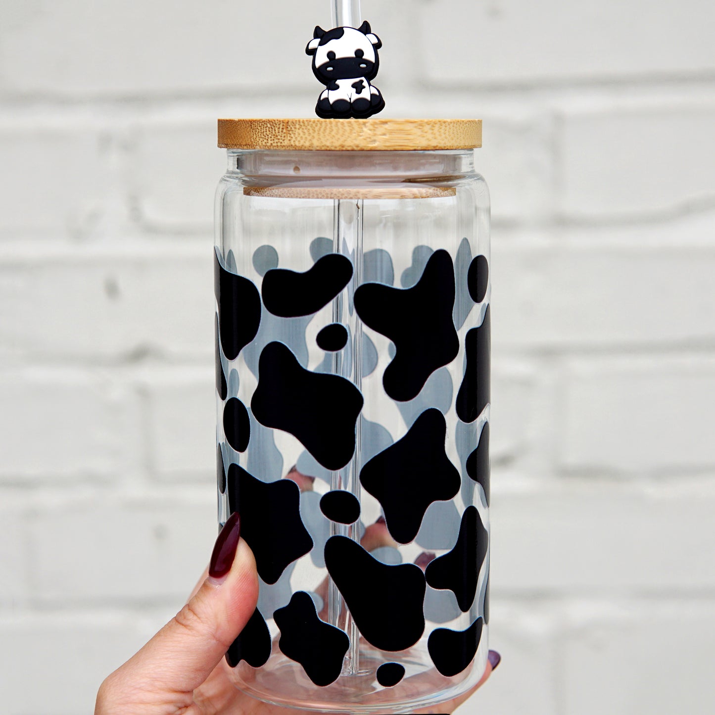 16oz Cow Print Glass Can Cup with Lid and Straw