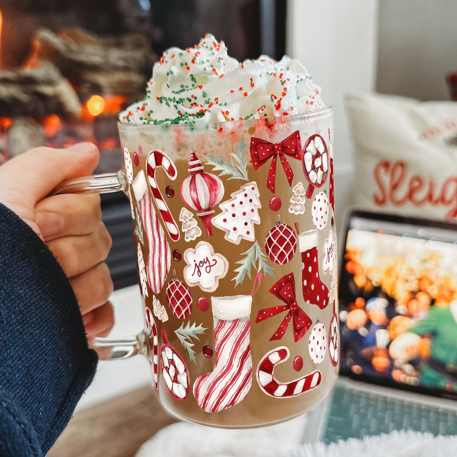Cozy Christmas Things 17oz Glass Mug With Lid and Straw - Sip Sip Hooray