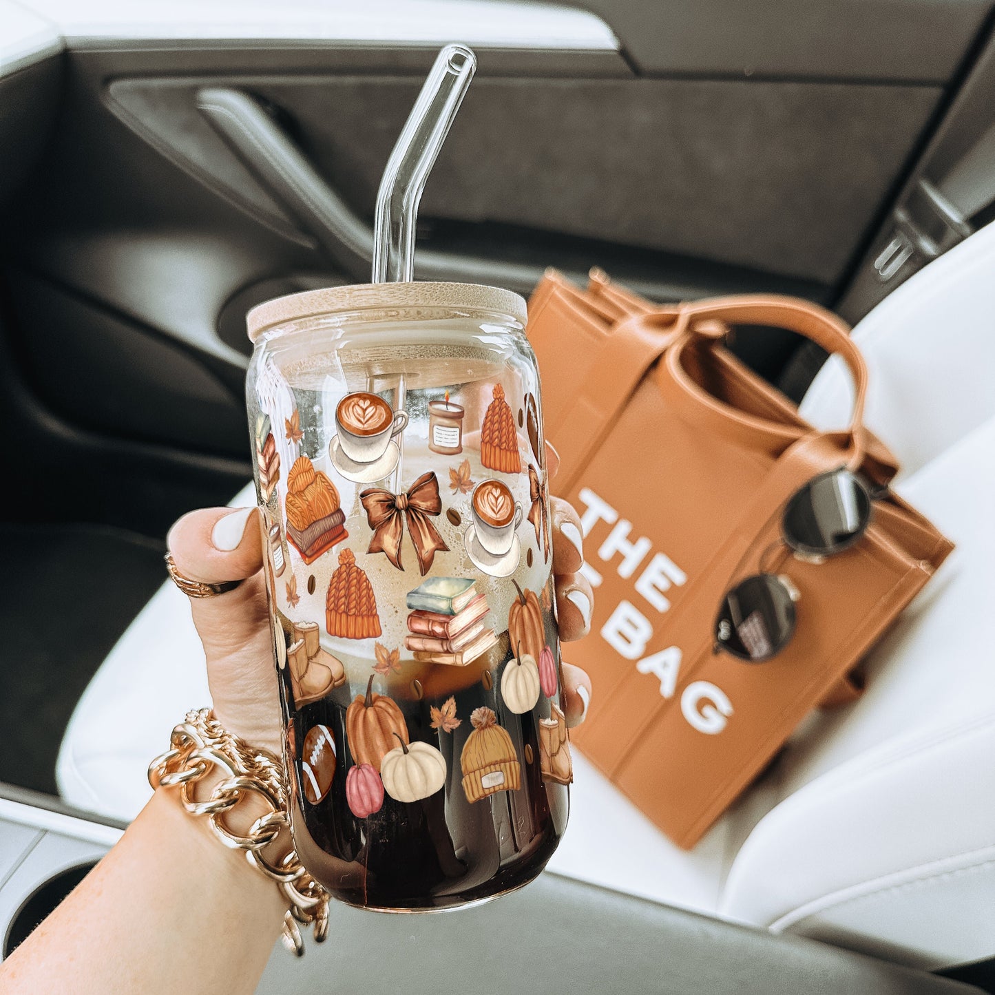 Cozy Fall Things 16oz Glass Can Cup With Lid and Straw