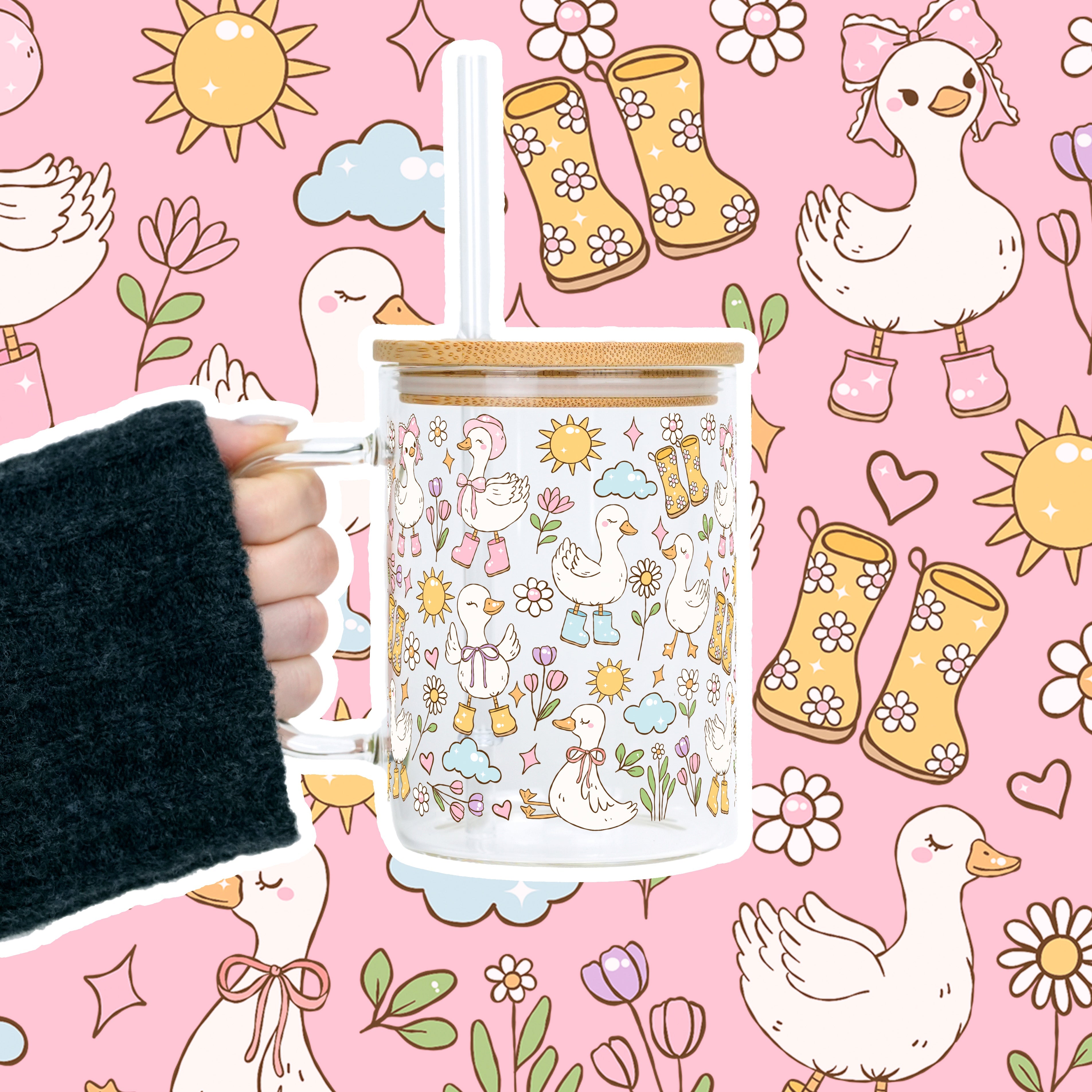 Cutie Cottage - Core Spring Goose 17oz Glass Mug With Lid and Straw - Sip Sip Hooray