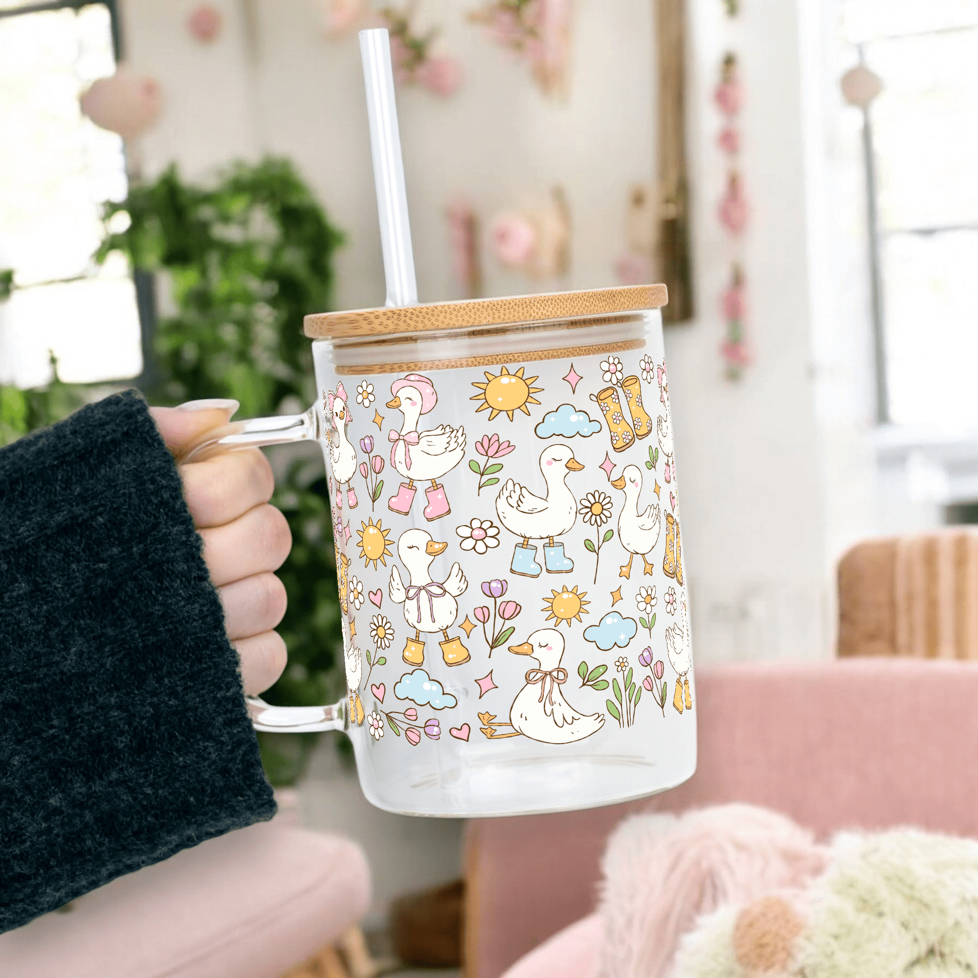 Cutie Cottage-Core Spring Goose 17oz Glass Mug With Lid and Straw from Sip Sip Hooray – Mugs