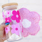 Cute Pink Daisy 16oz Glass Can Cup and Mug Rug Gift Set