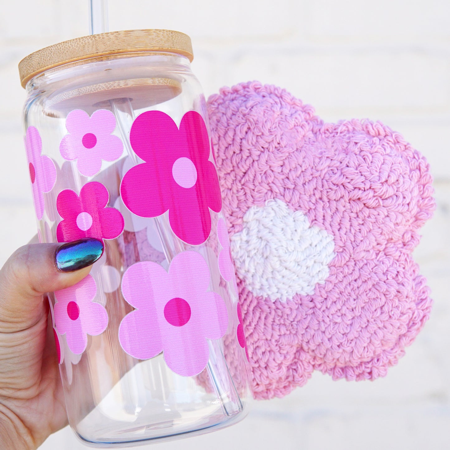 16oz Cute Pink Daisy Glass Can Cup and Mug Rug Gift Set