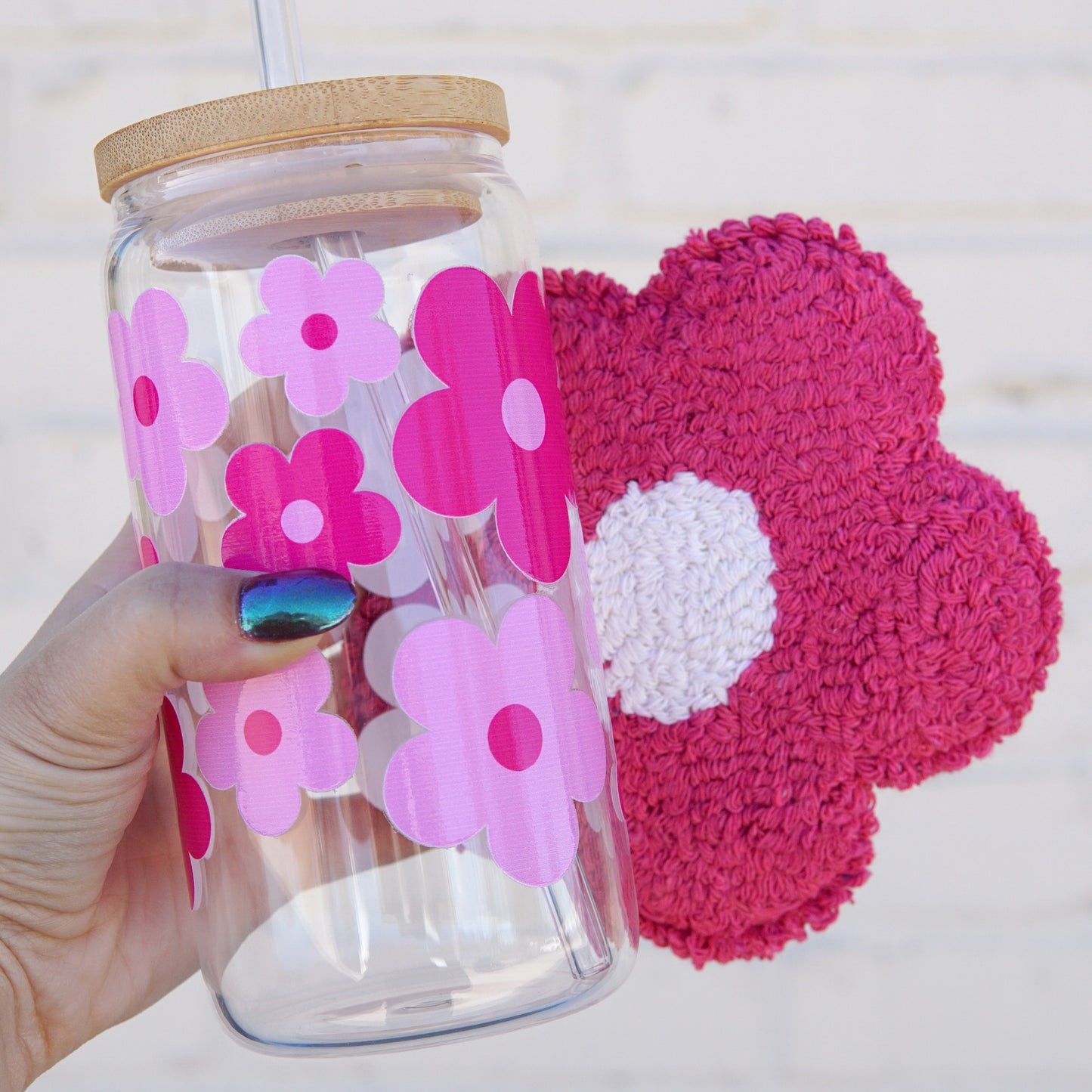16oz Cute Pink Daisy Glass Can Cup and Mug Rug Gift Set