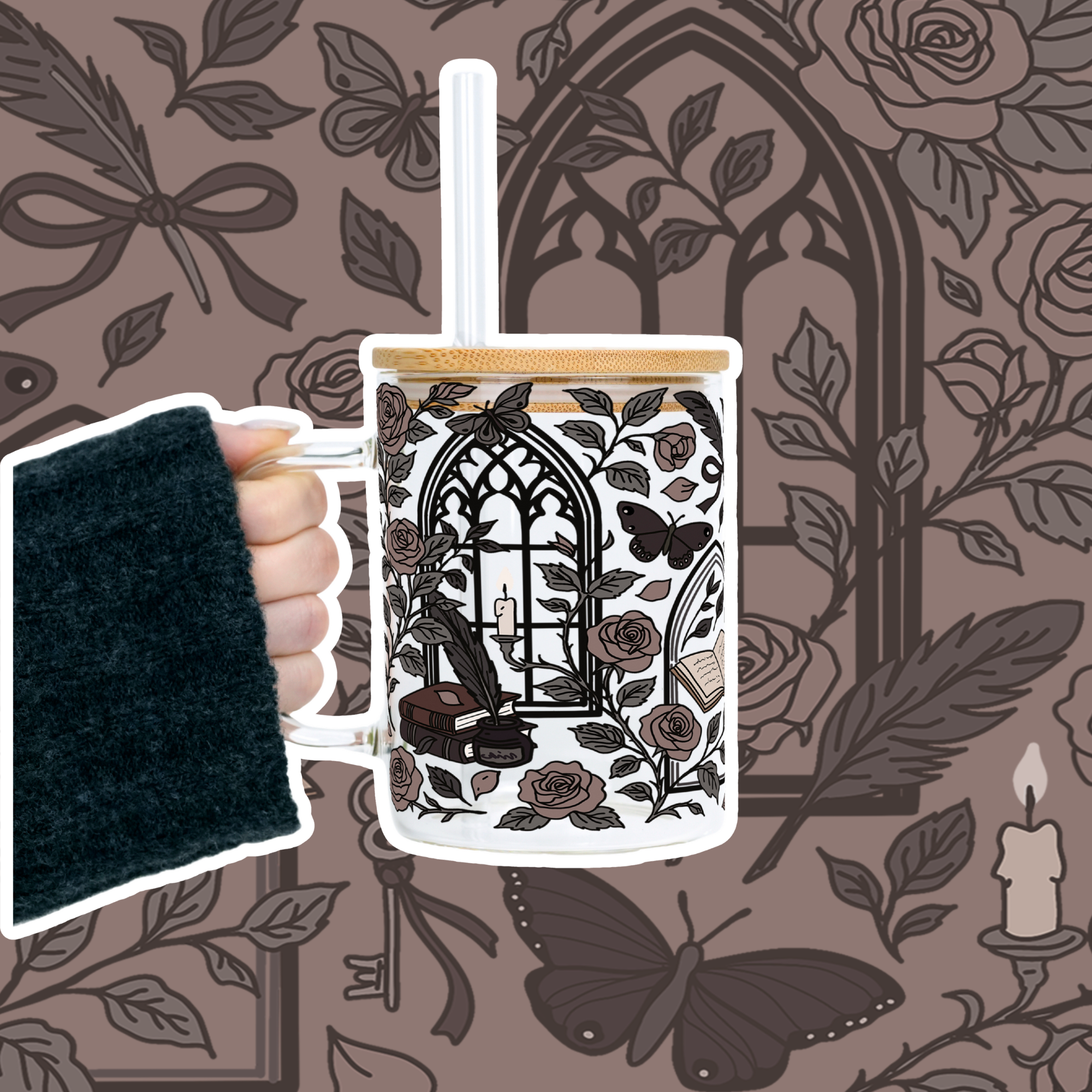 Dark Academia Clear Glass Mug With Lid & Straw