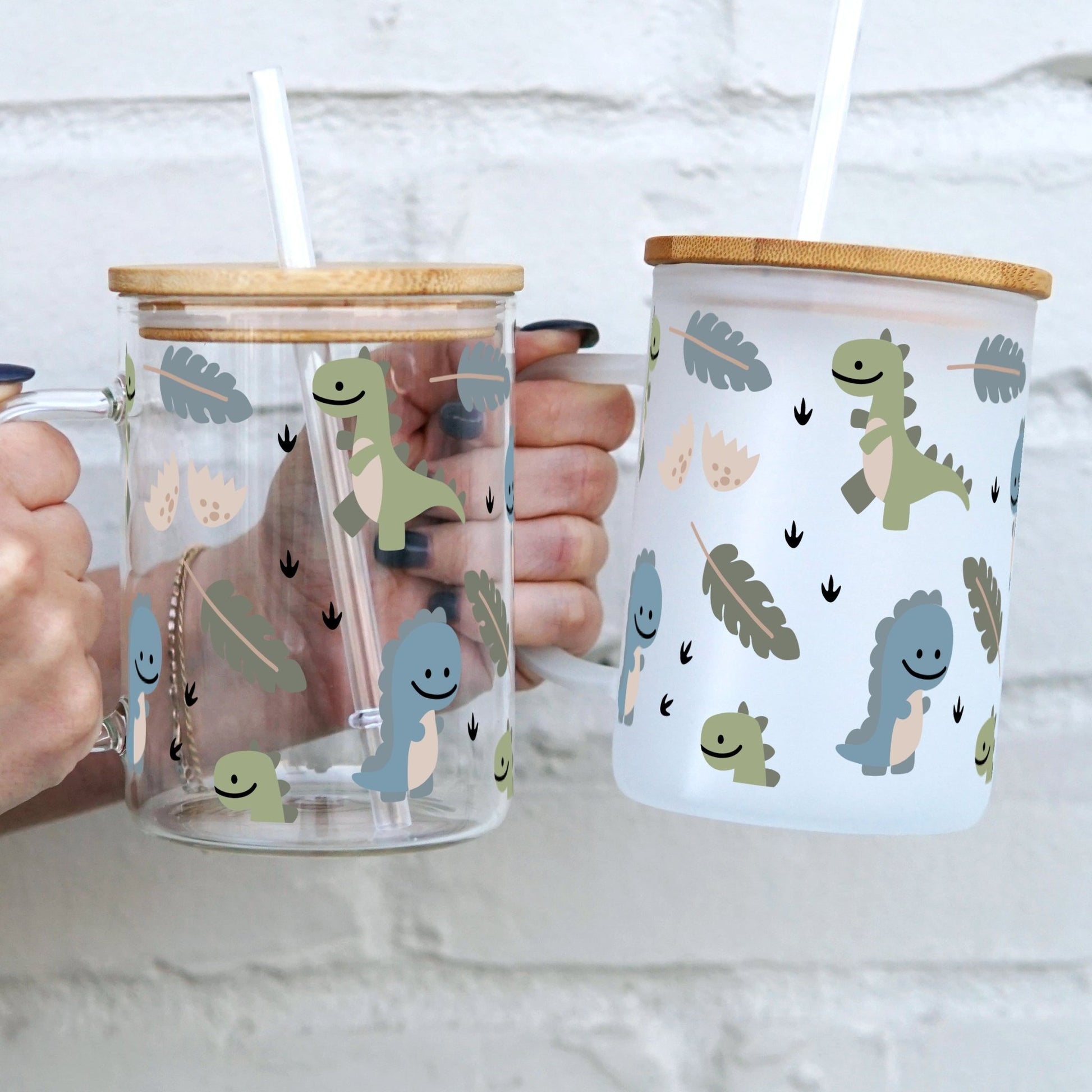 Dino 17oz Glass Mug With Lid and Straw - Sip Sip Hooray