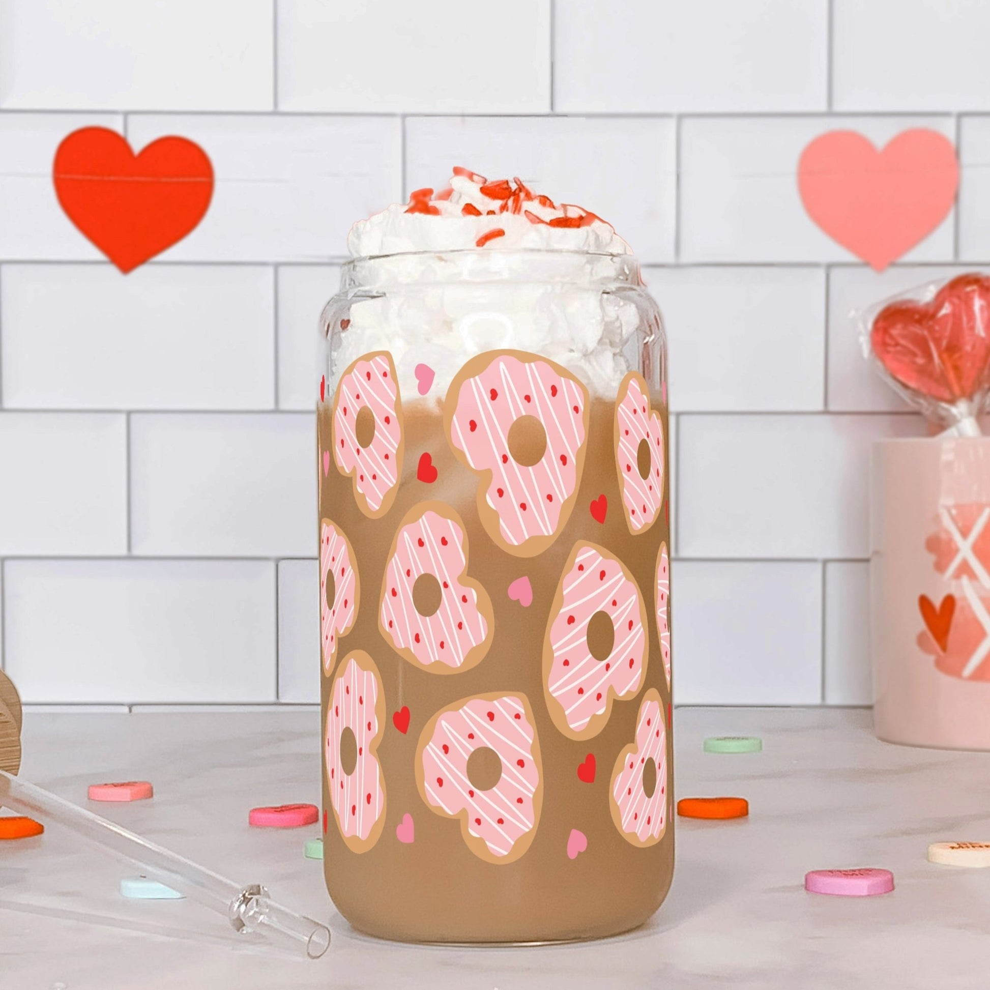 Donut Hearts Glass Can Cup with Lid and Straw - Sip Sip Hooray