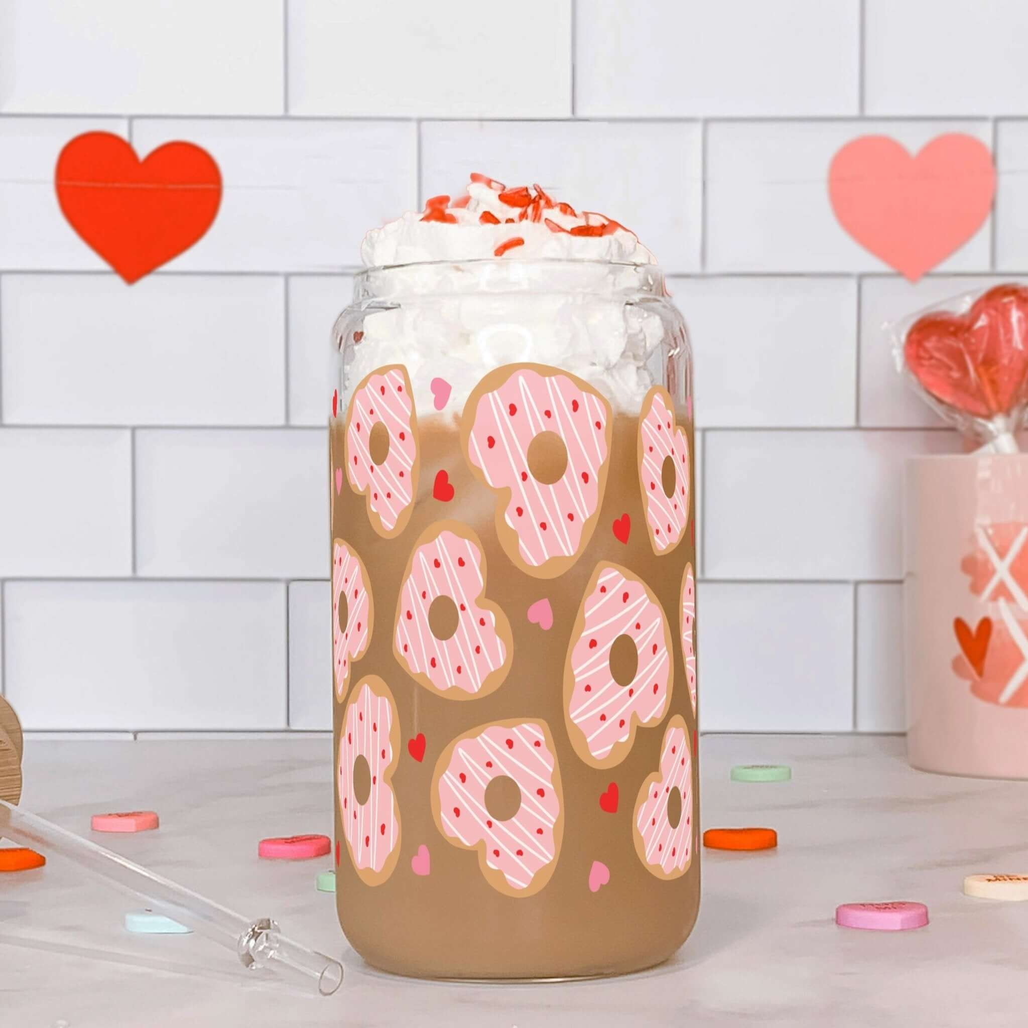 Donut Hearts Glass Can Cup with Lid and Straw
