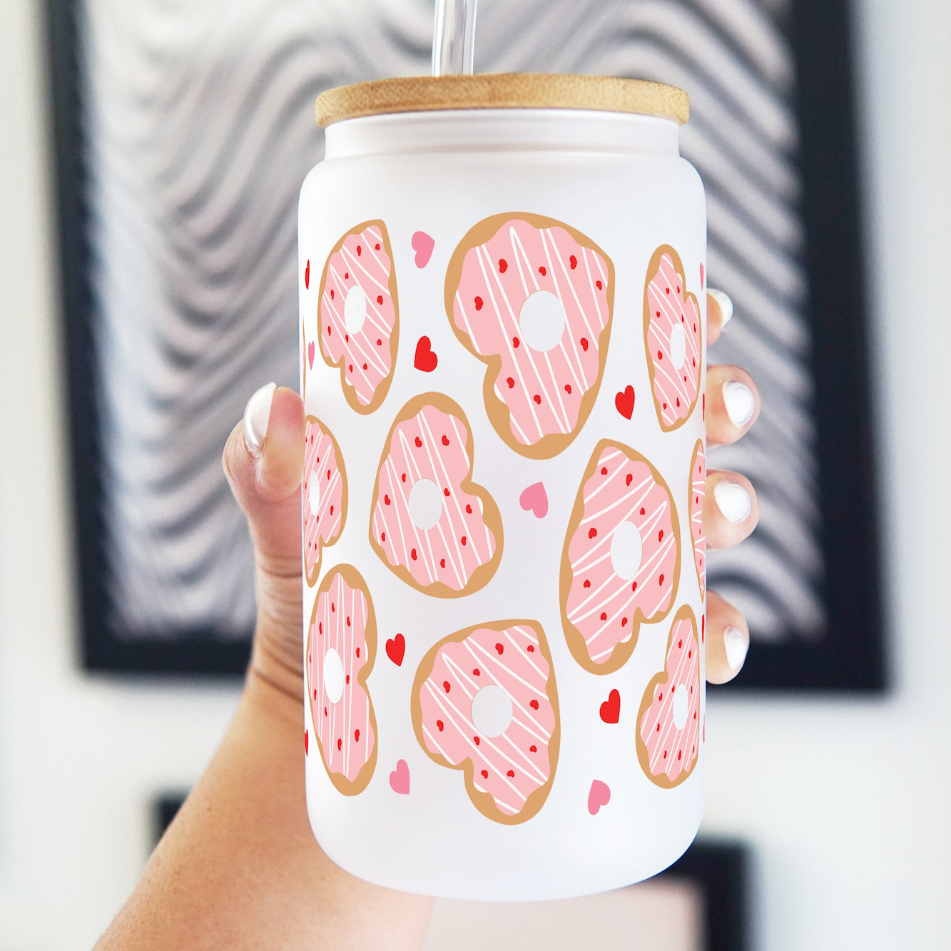 Donut Hearts Glass Can Cup with Lid and Straw