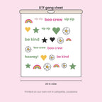 DTF gang sheet on a 23 inch wide roll with nested transfer designs, printed by Sip-Sip Hooray! in Lafayette, Louisiana