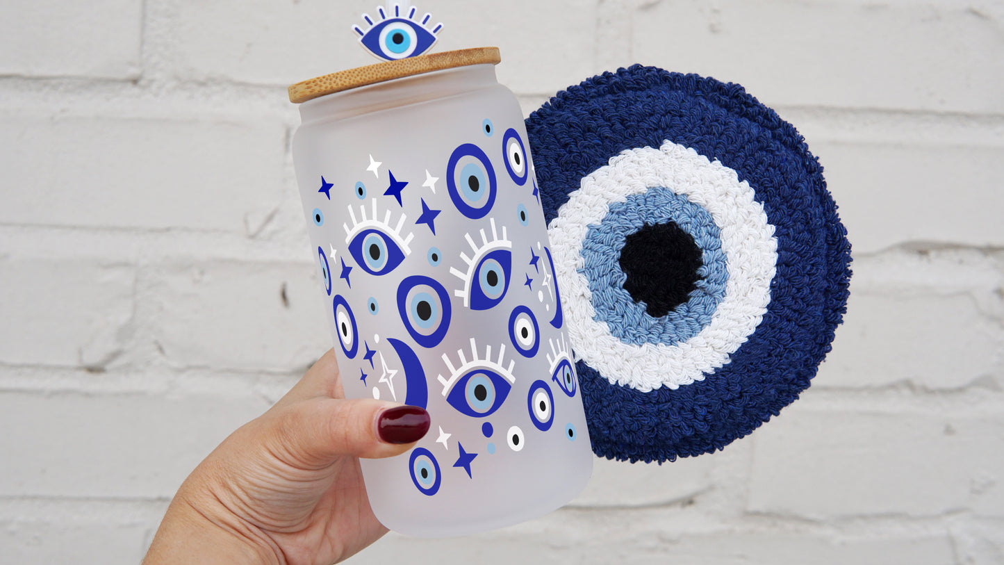 16oz Evil Eye Glass Can Cup with Lid, Straw, and Mug Rug Gift Set