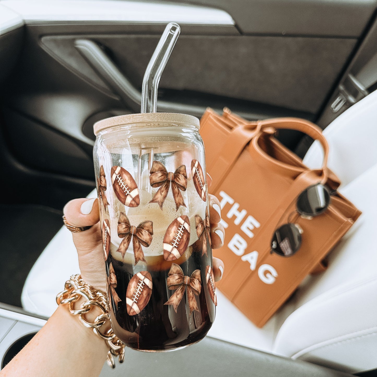 Football + Bows 16oz Glass Can With Lid and Straw