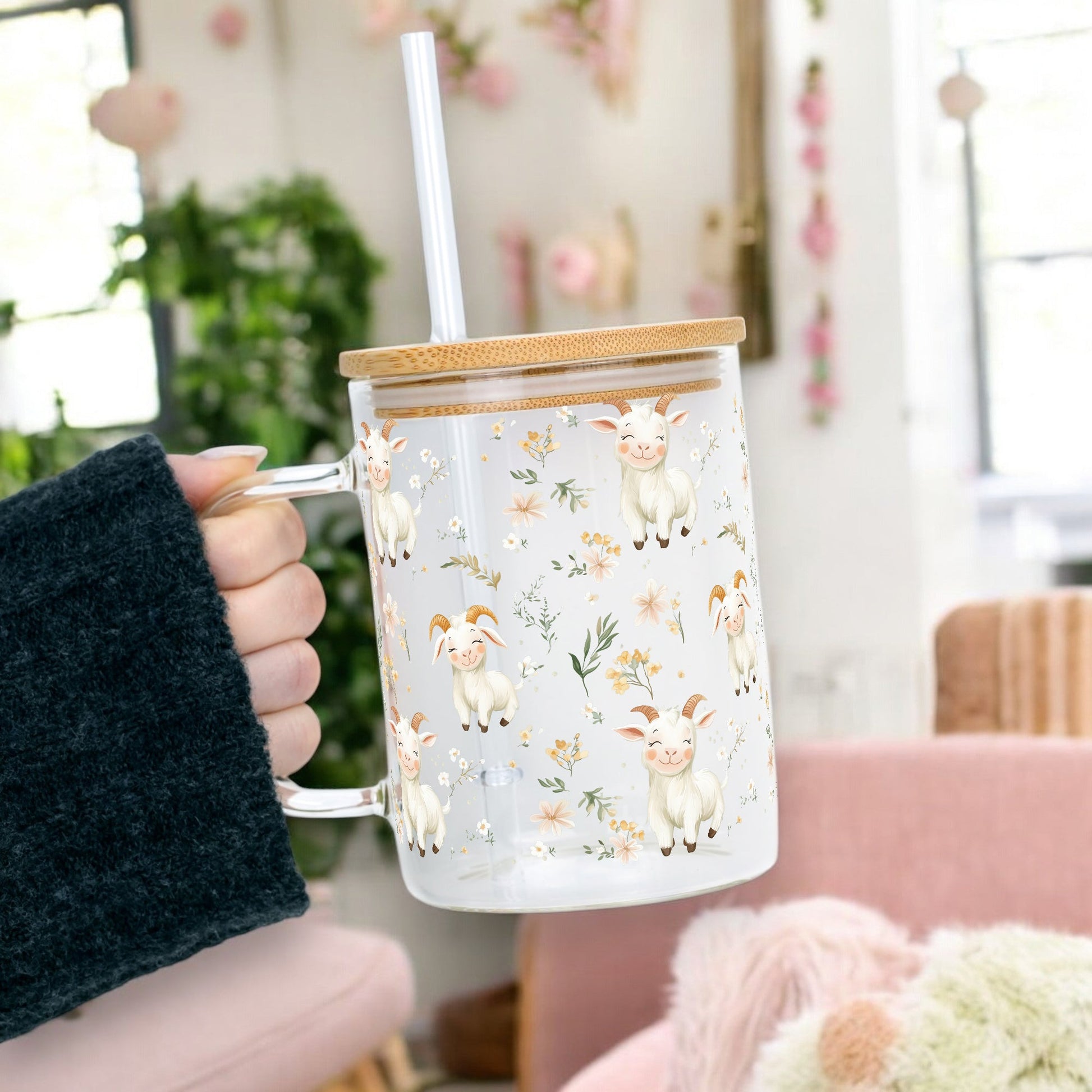 Floral Cute Goats 17oz Mug With Lid and Straw - Sip Sip Hooray