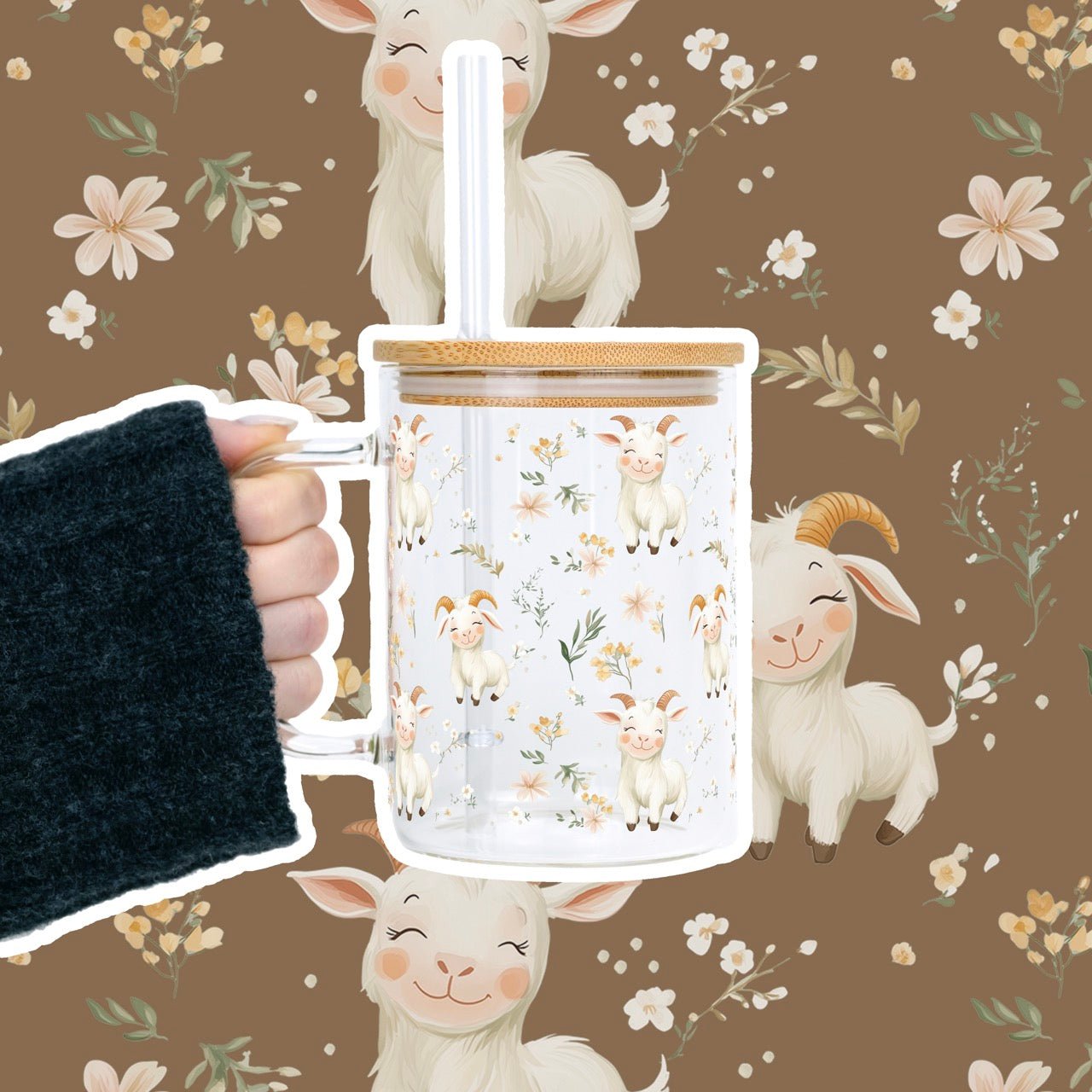 Floral Cute Goats 17oz Mug With Lid and Straw - Sip Sip Hooray