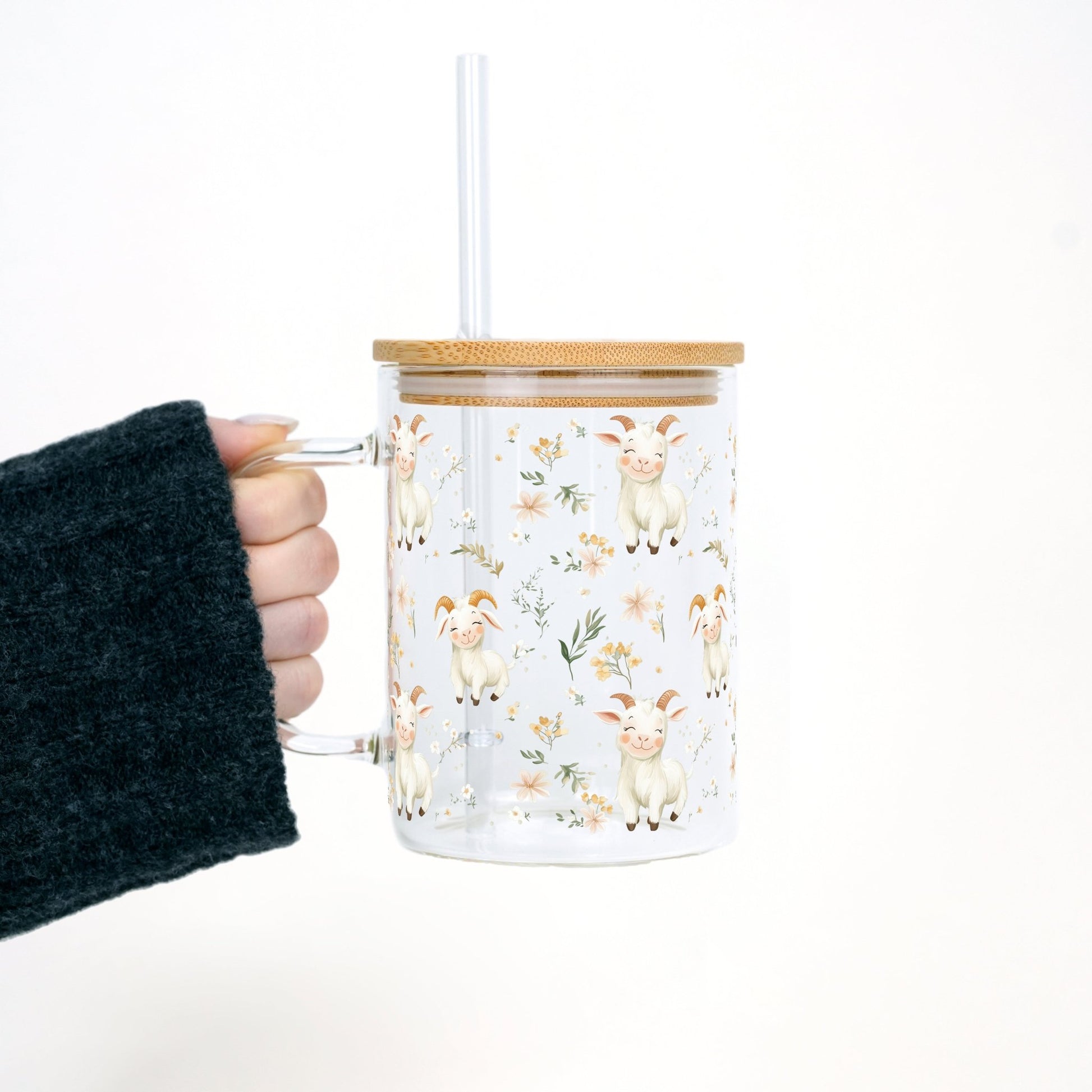 Floral Cute Goats 17oz Mug With Lid and Straw - Sip Sip Hooray