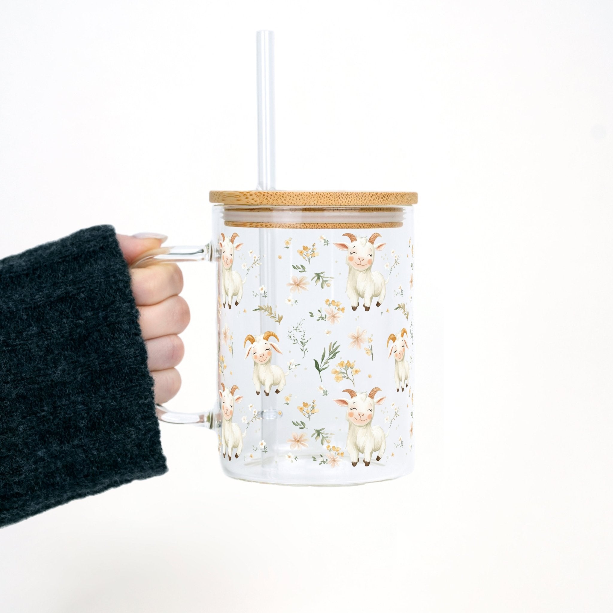 Floral Cute Goats 17oz Mug With Lid and Straw - Sip Sip Hooray