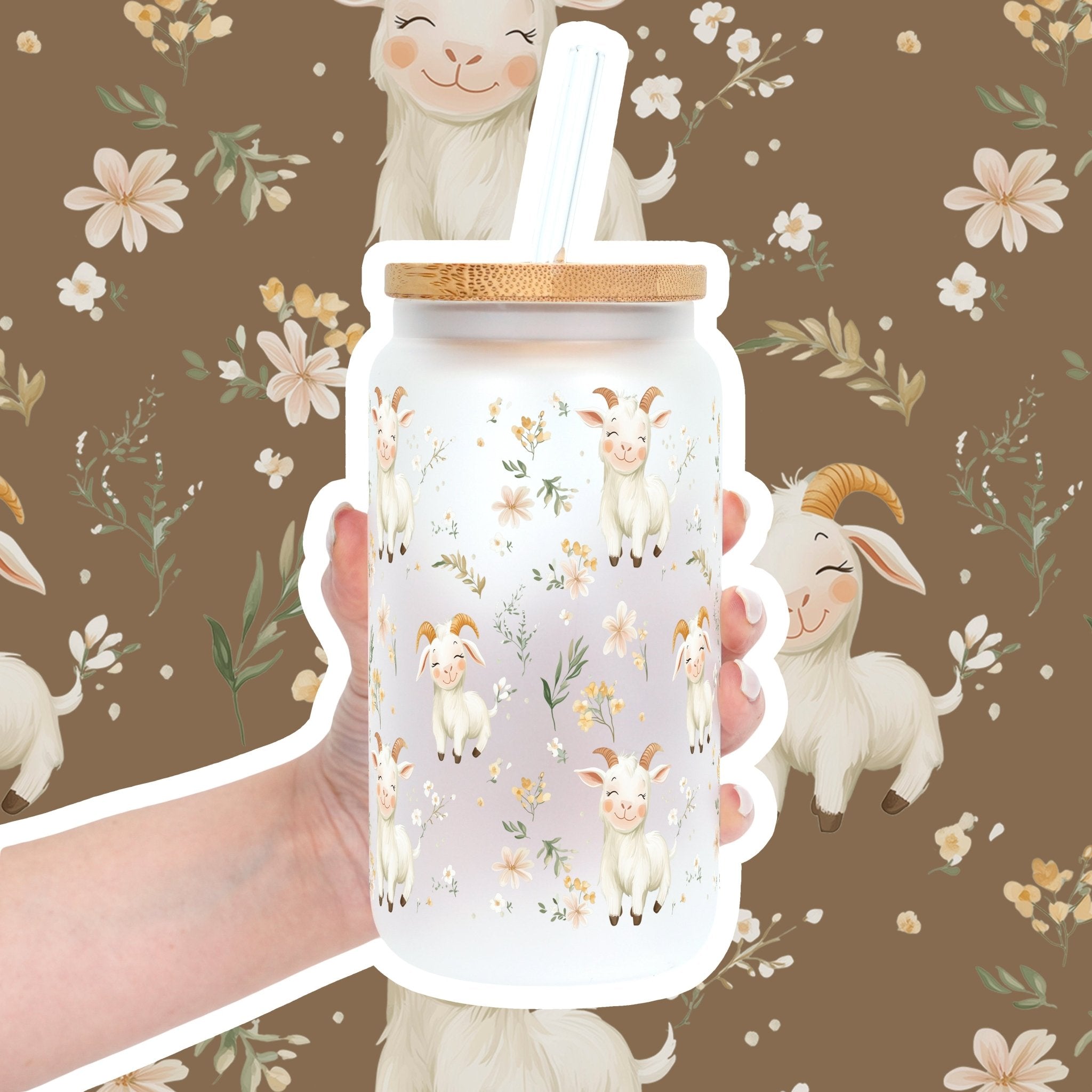 Floral Cute Goats Cup With Lid and Straw - Sip Sip Hooray