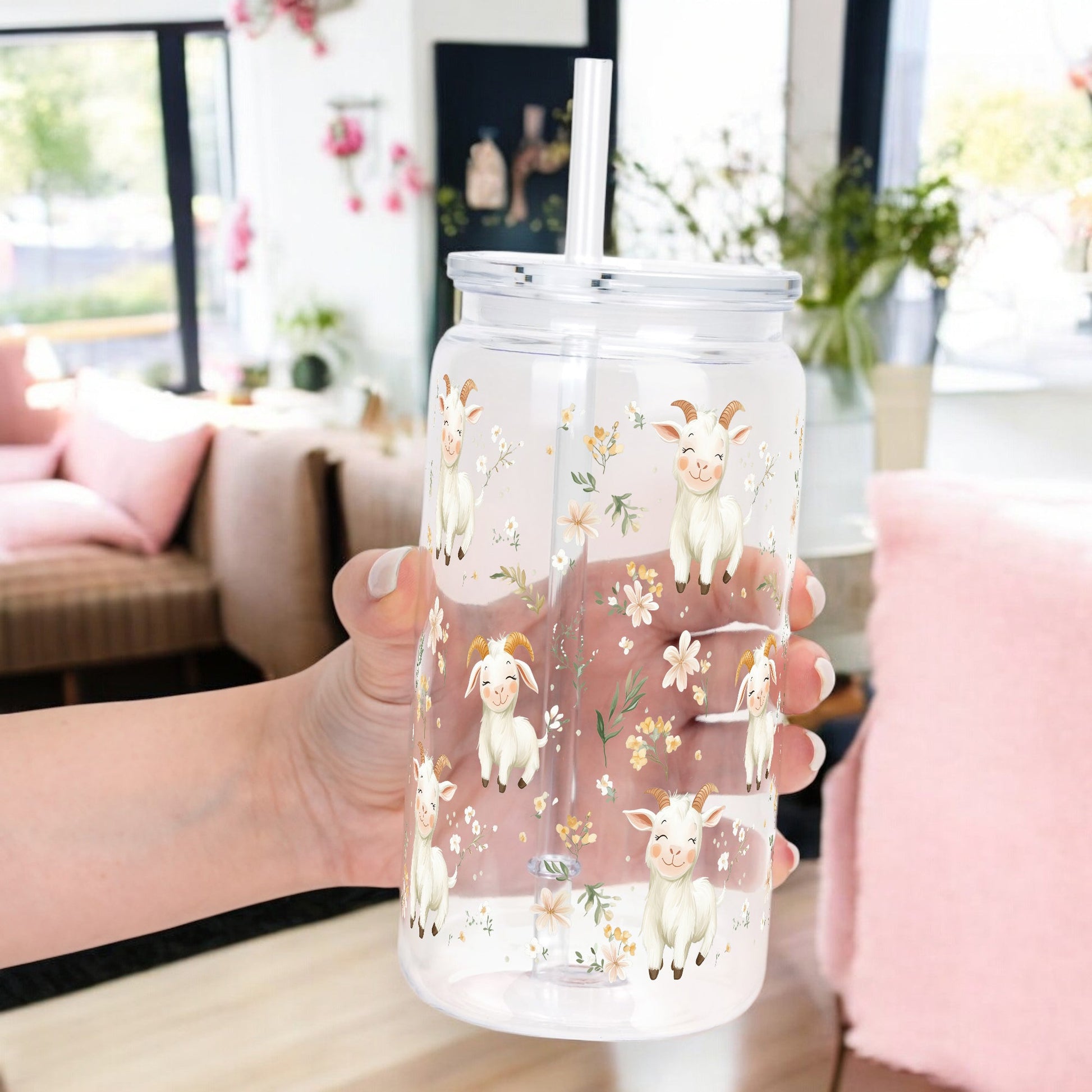 Floral Cute Goats Cup With Lid and Straw - Sip Sip Hooray