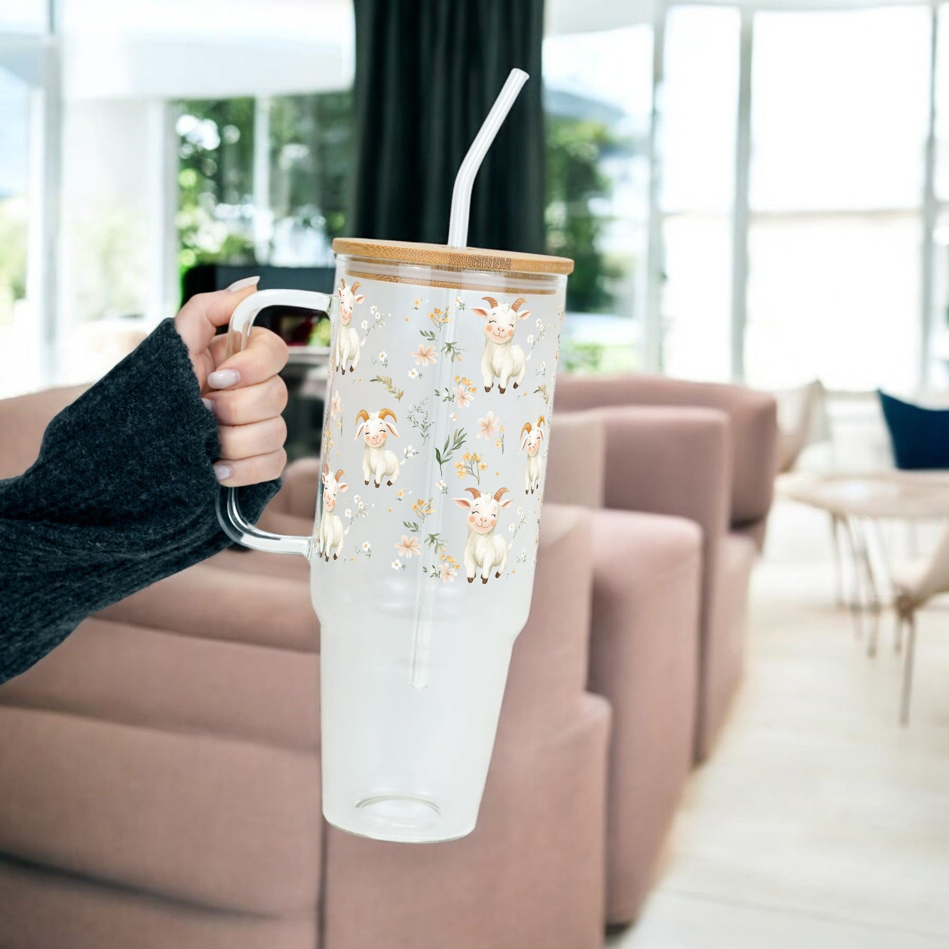 Floral Cute Goats Tumbler With Handle Lid and Straw - Sip Sip Hooray