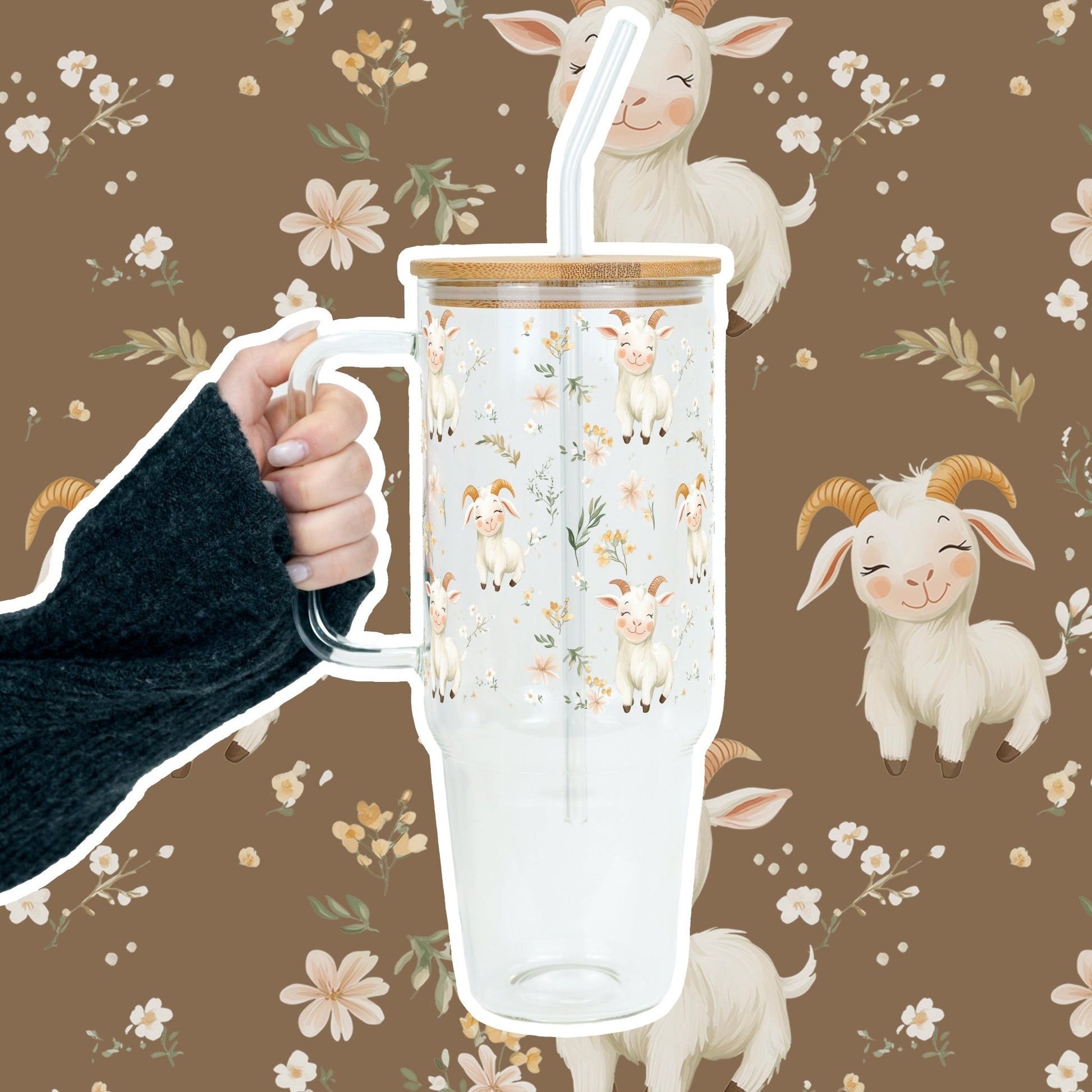 Floral Cute Goats Tumbler With Handle Lid and Straw - Sip Sip Hooray