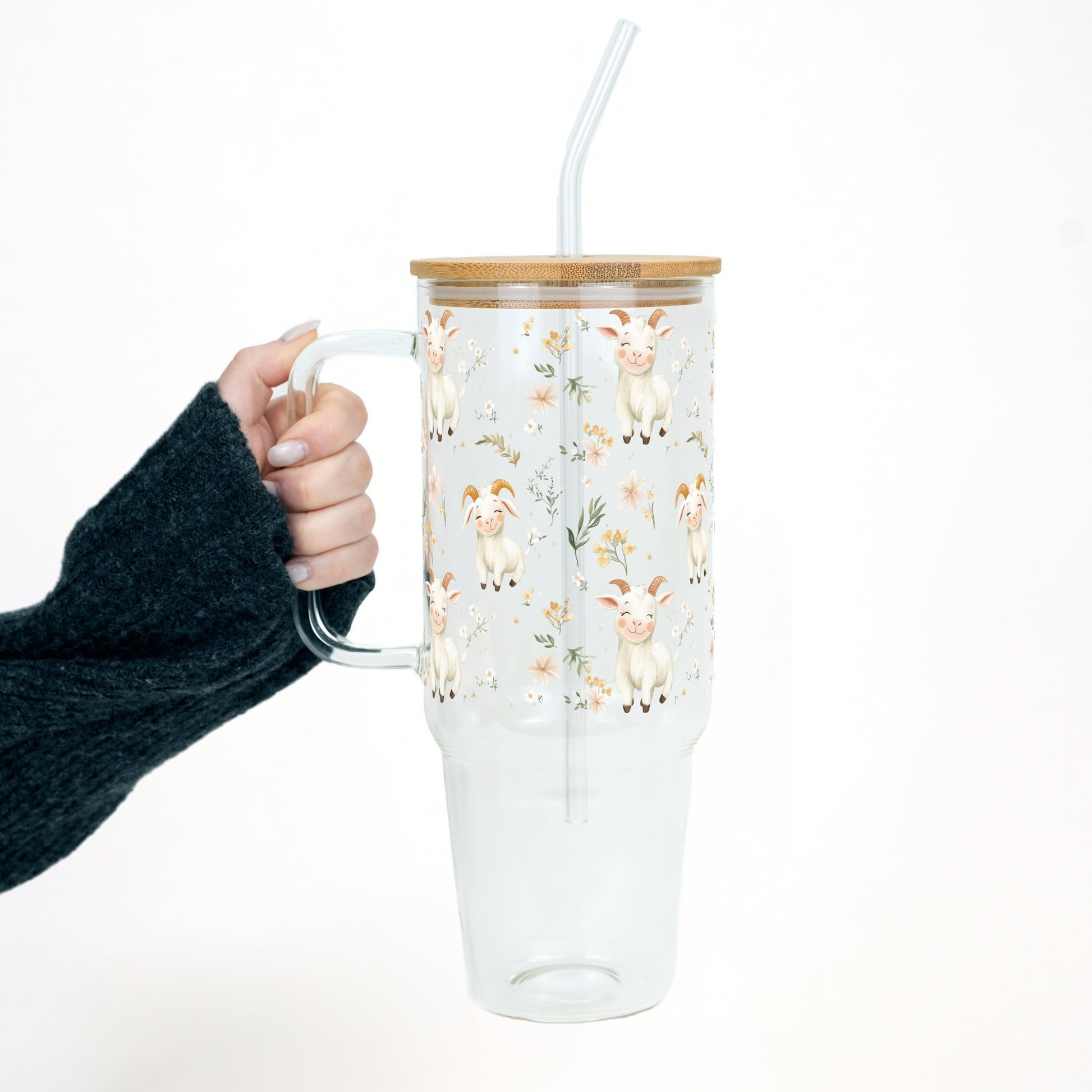 Floral Cute Goats Tumbler With Handle Lid and Straw - Sip Sip Hooray
