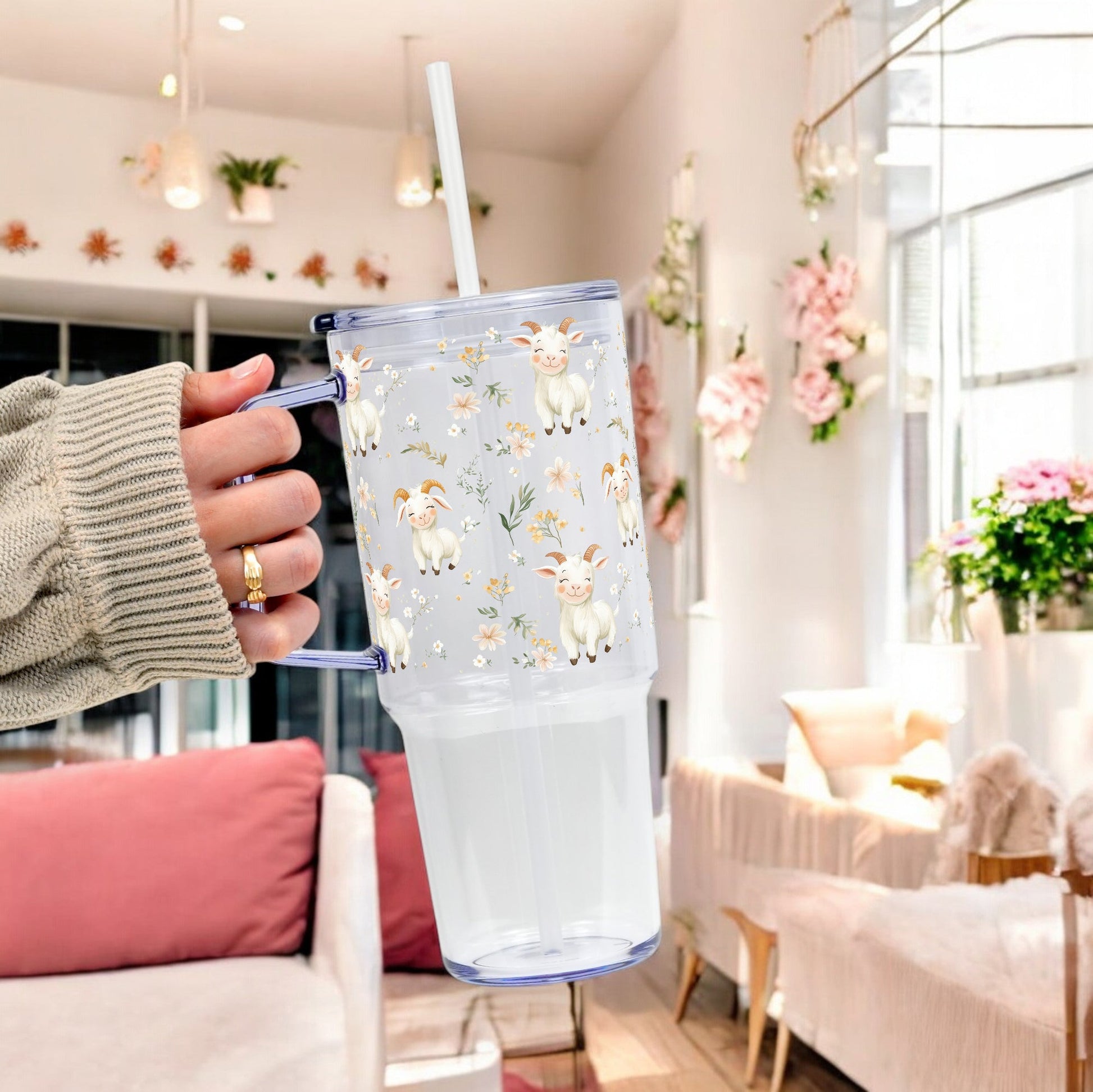 Floral Cute Goats Tumbler With Handle Lid and Straw - Sip Sip Hooray
